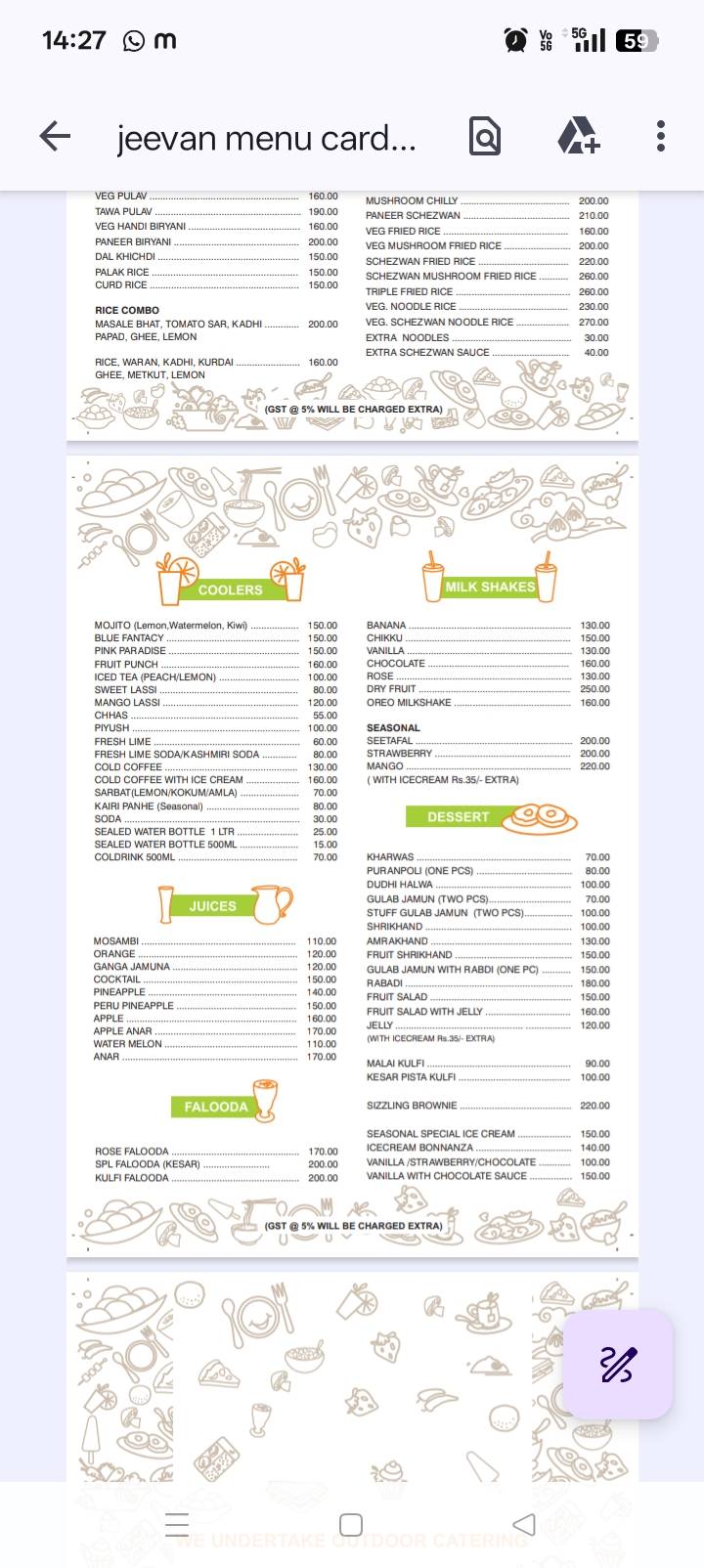 Jeevan Restaurant menu