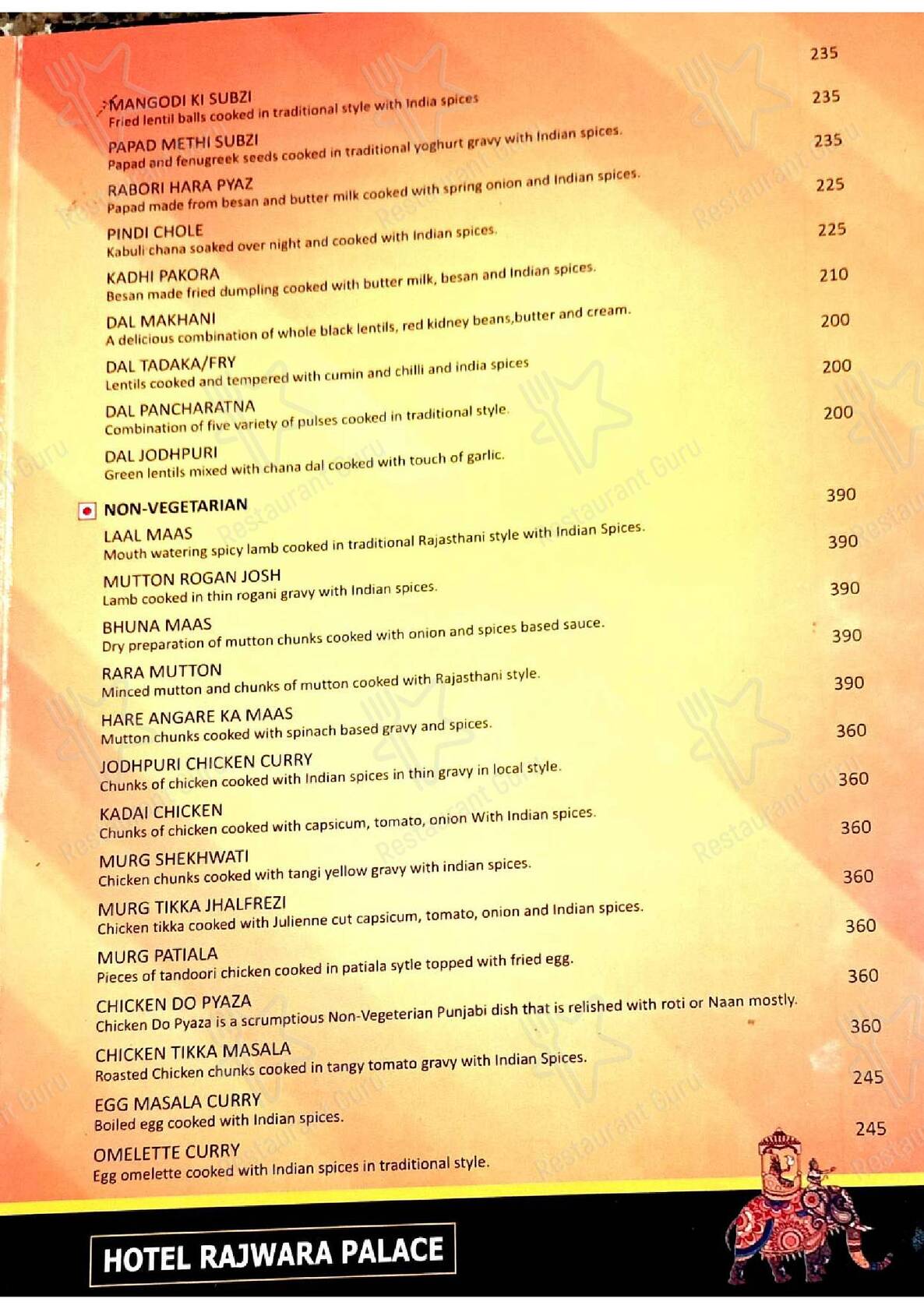 Hotel Rajwara Palace Jodhpur menu
