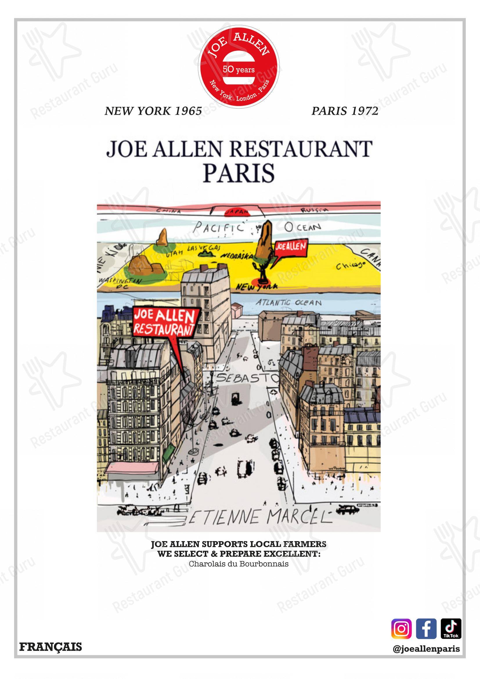 Menu pour Joe Allen dans Paris