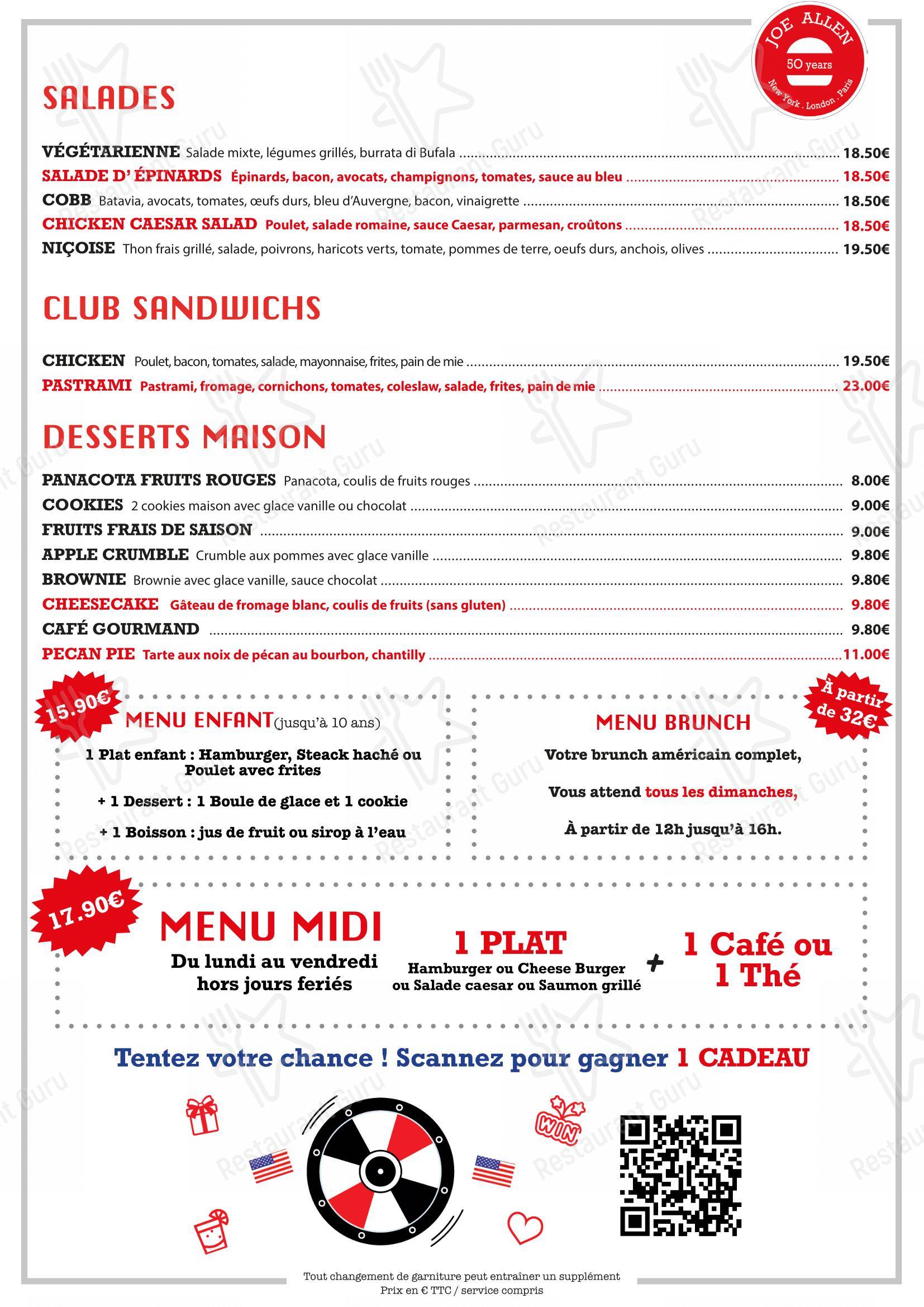 Menu pour Joe Allen restaurant