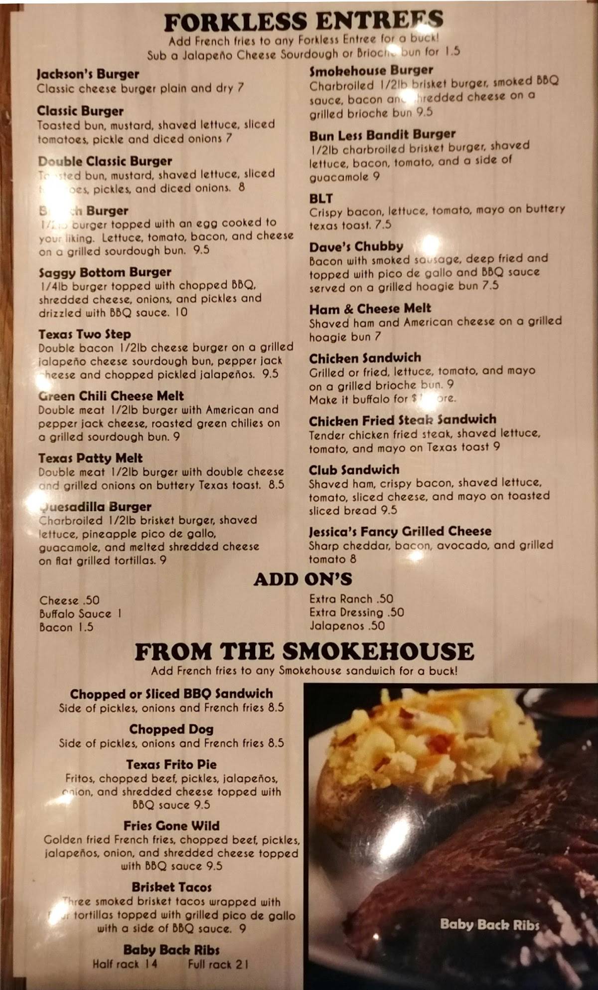 Menu at Papa Bear's steakhouse, Waco