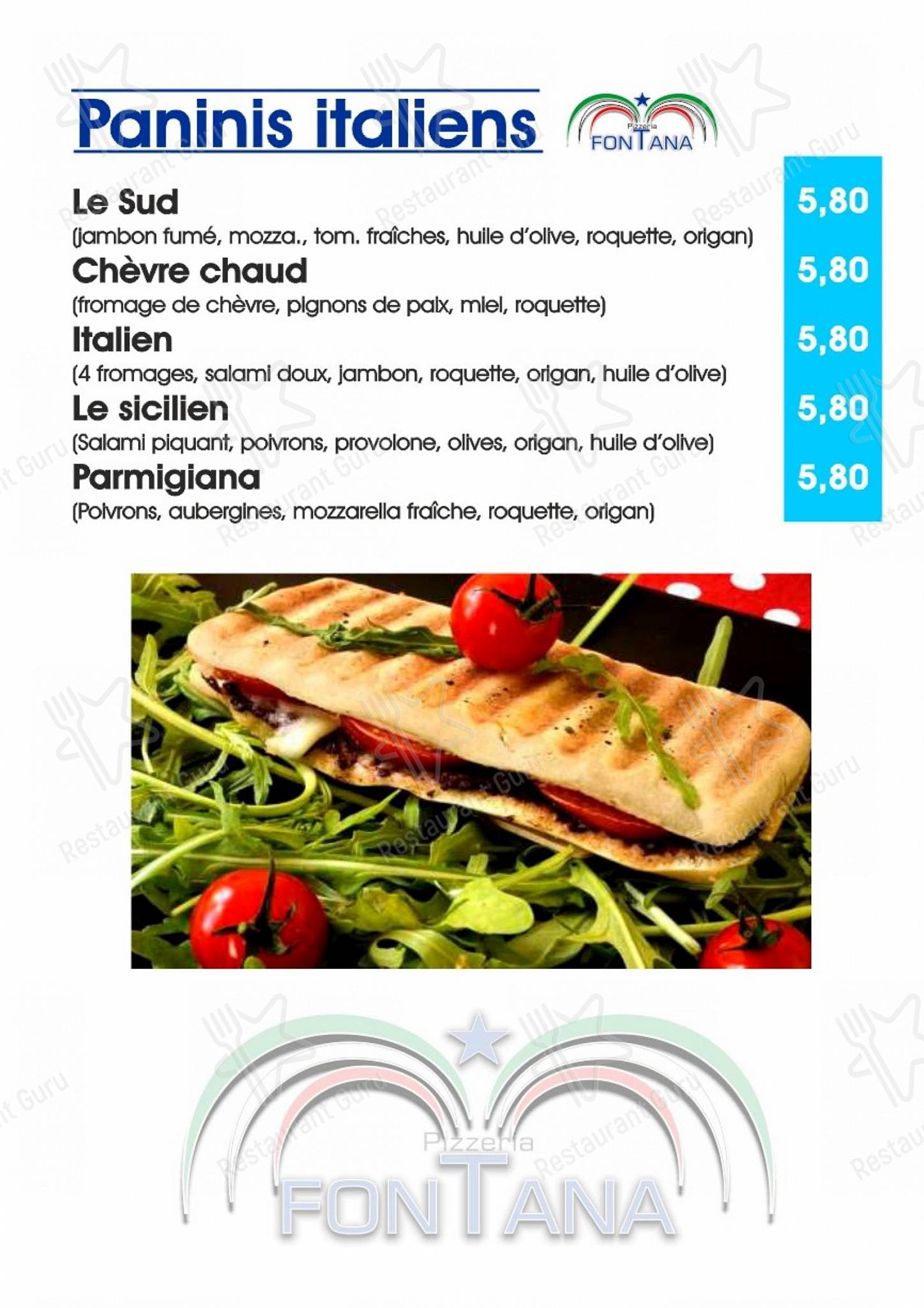 Menu pour La Fontana - Menu