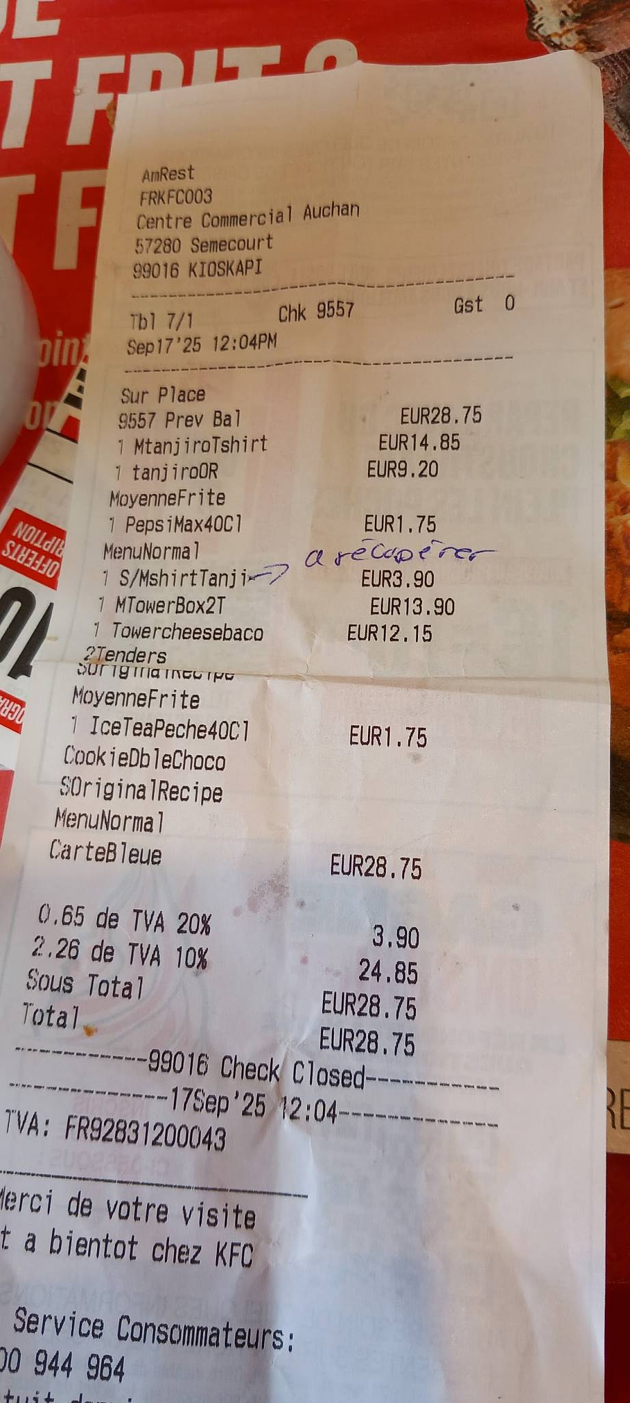 Menu de KFC Metz Semecourt