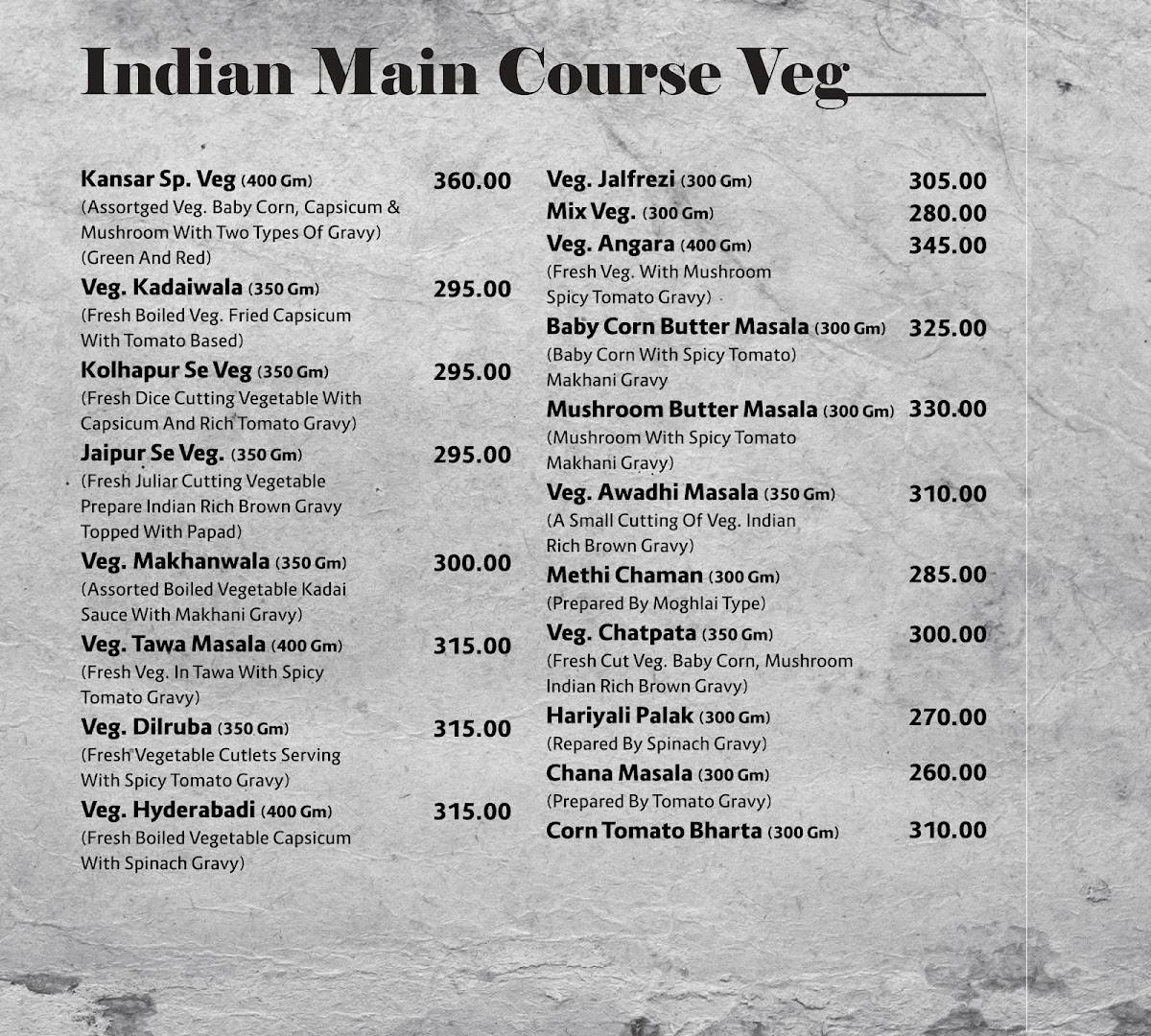 Kansar Garden Restaurant menu