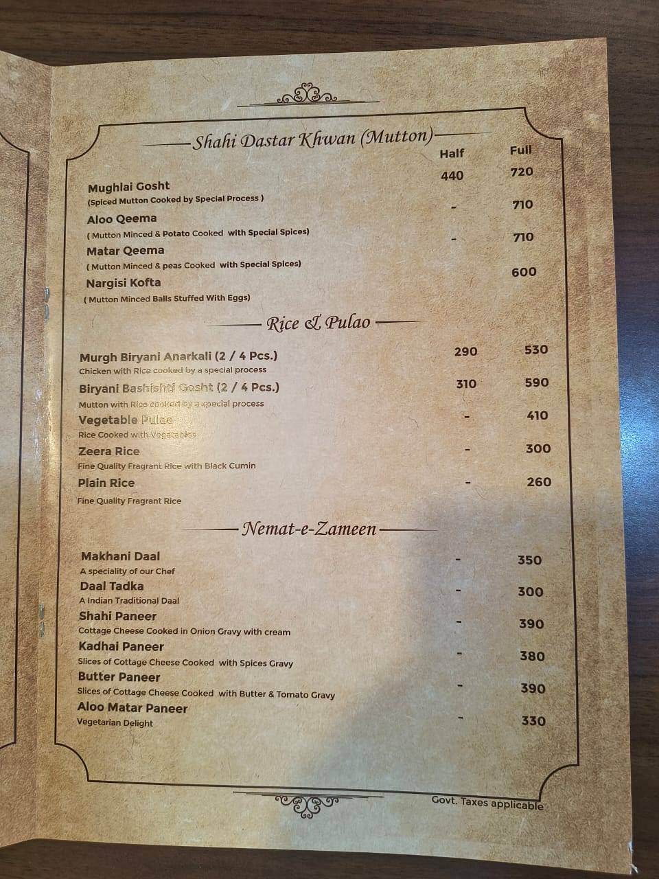 Karim’s Lucknow Lalbagh menu
