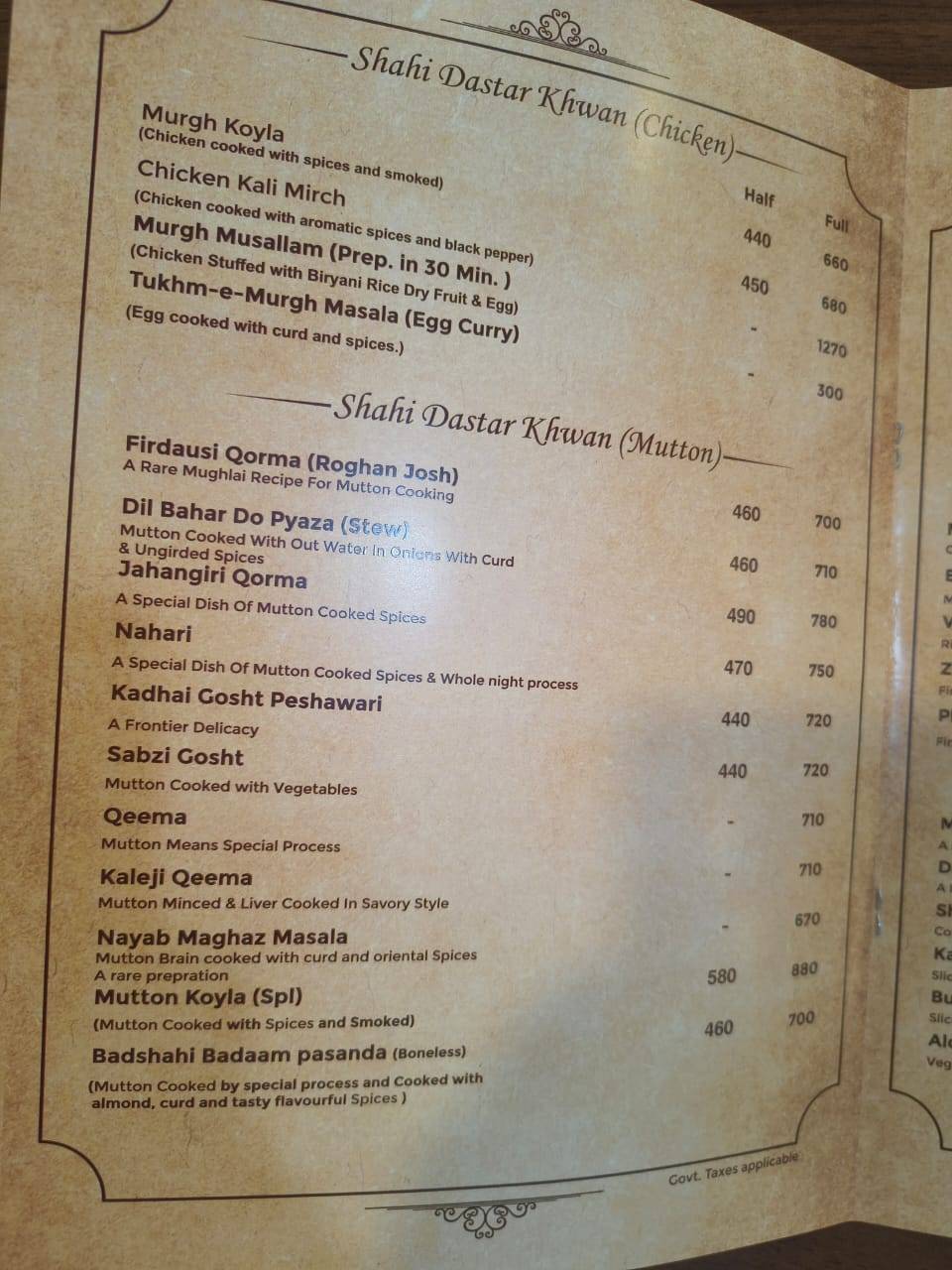 Karim’s Lucknow Lalbagh menu