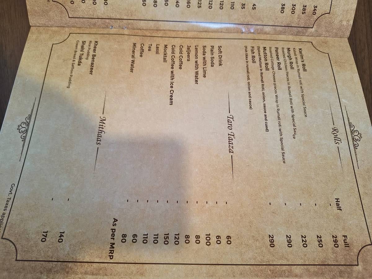 Karim’s Lucknow Lalbagh menu