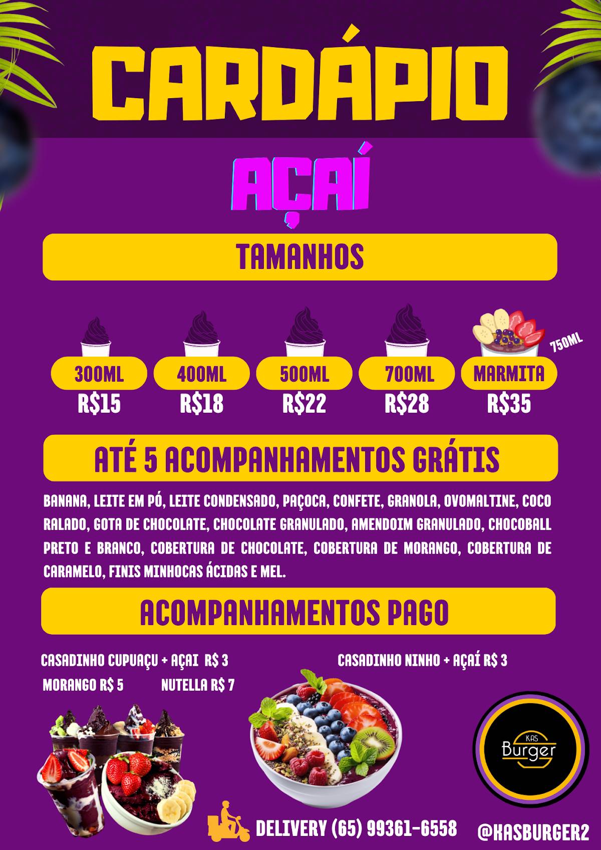 Kas Burger Hamburgueria e Açaiteria cardápio