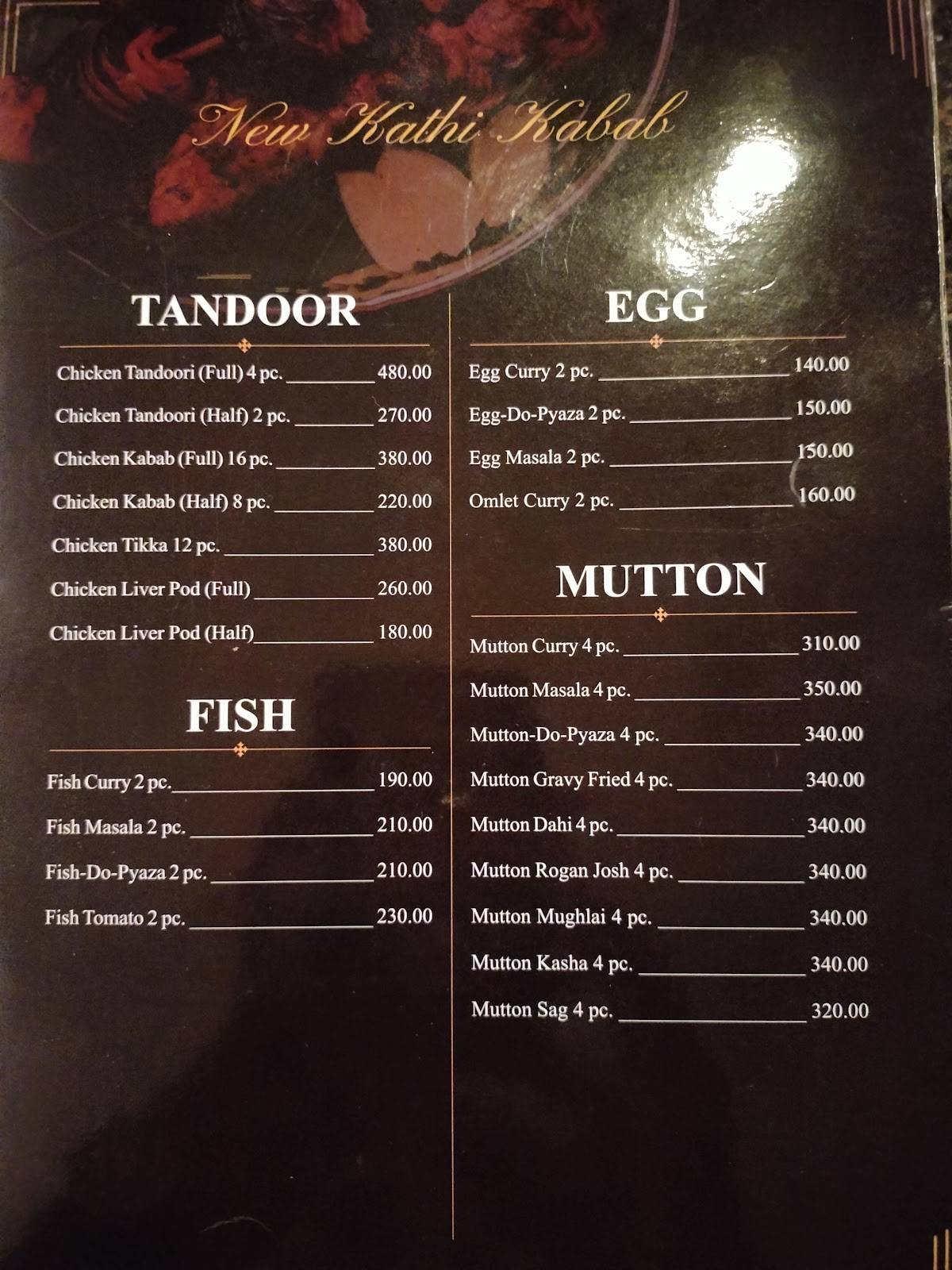 Kathi Kabab menu