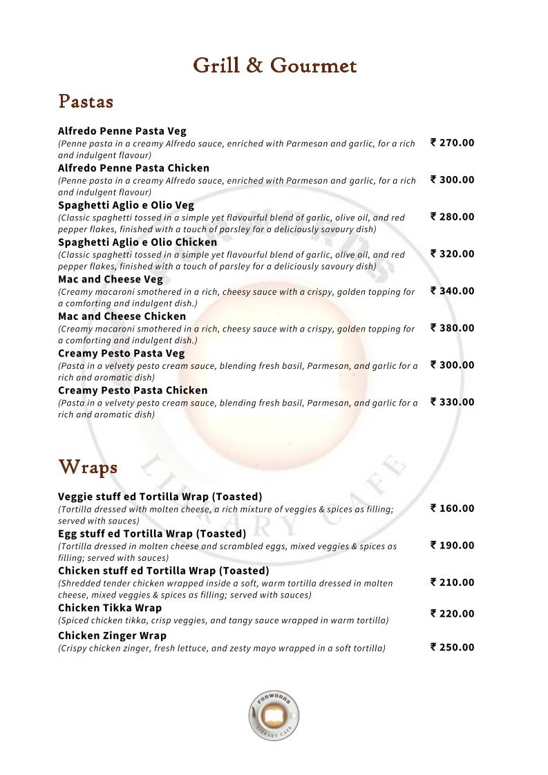 Forwords Library Cafe menu