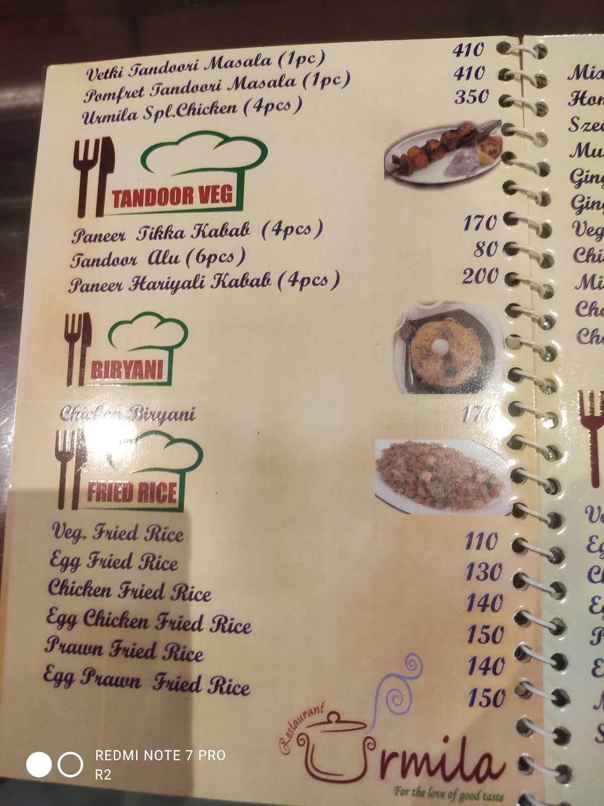 URMILA RESTAURANT menu
