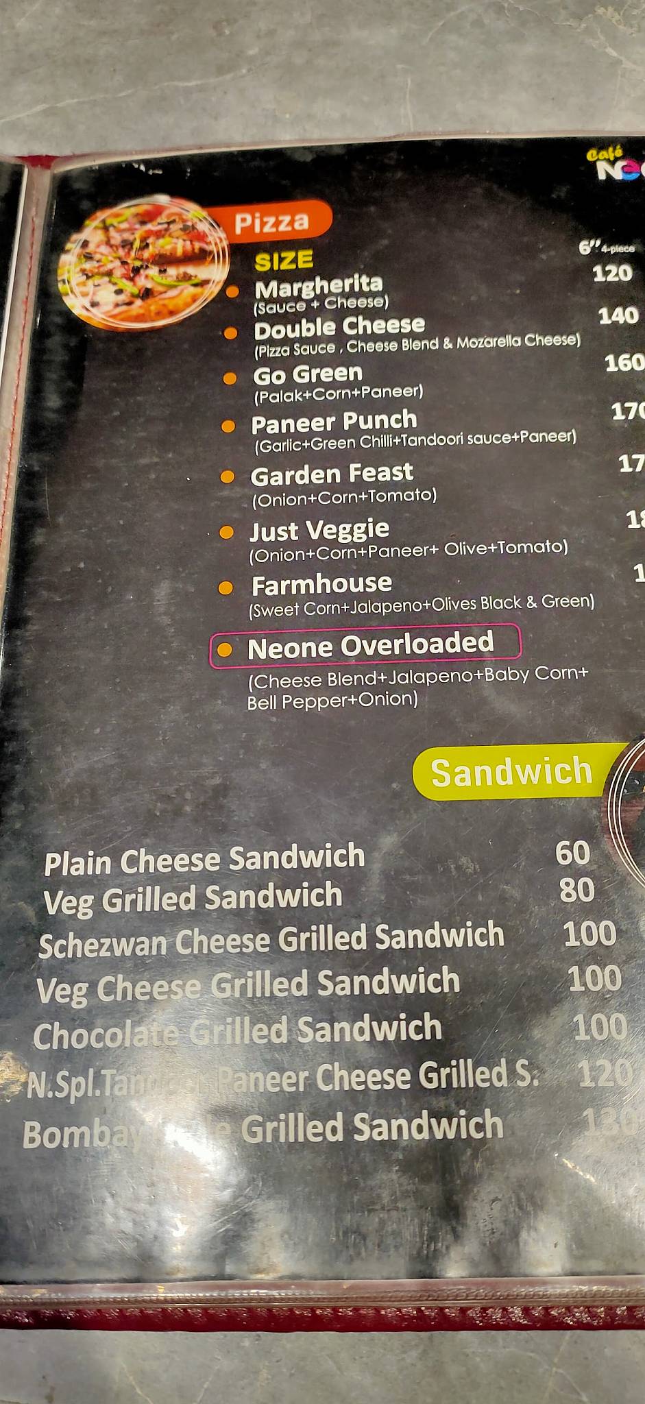 Cafe Neone कॅफे नीओन menu