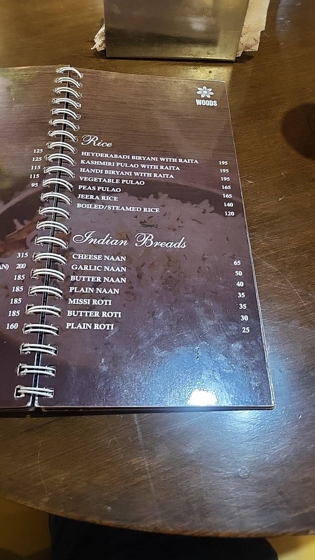 Woods Restaurant menu