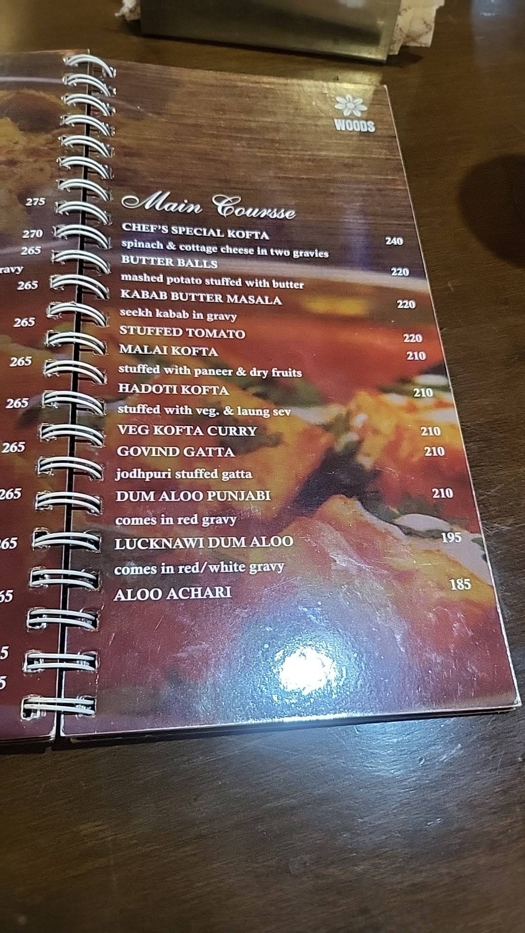 Woods Restaurant menu