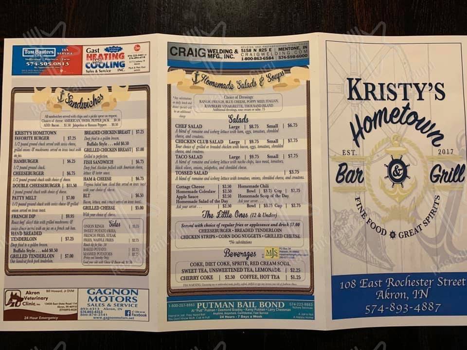 Menu at Kristy's Hometown Bar and Grill, Akron