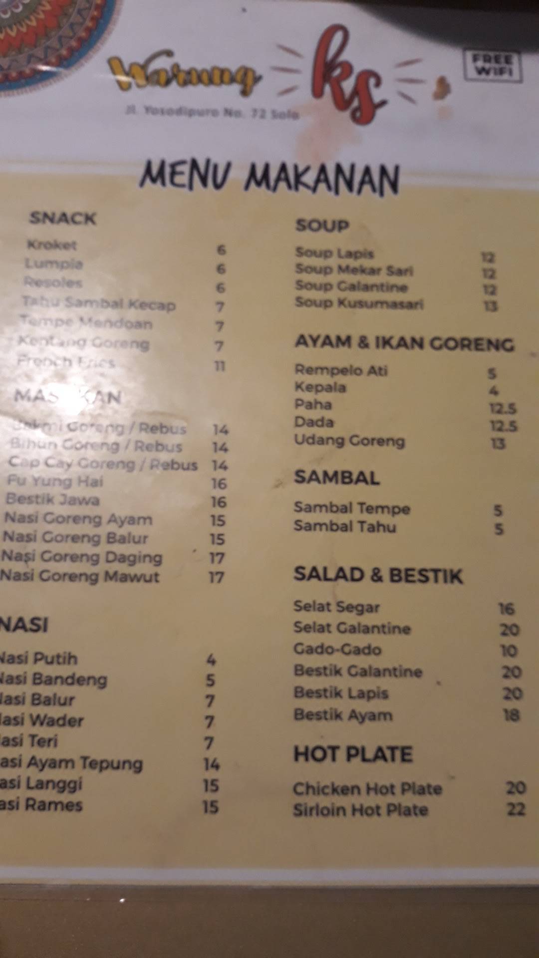 Menu at Kusuma Sari Rm pub & bar, Surakarta
