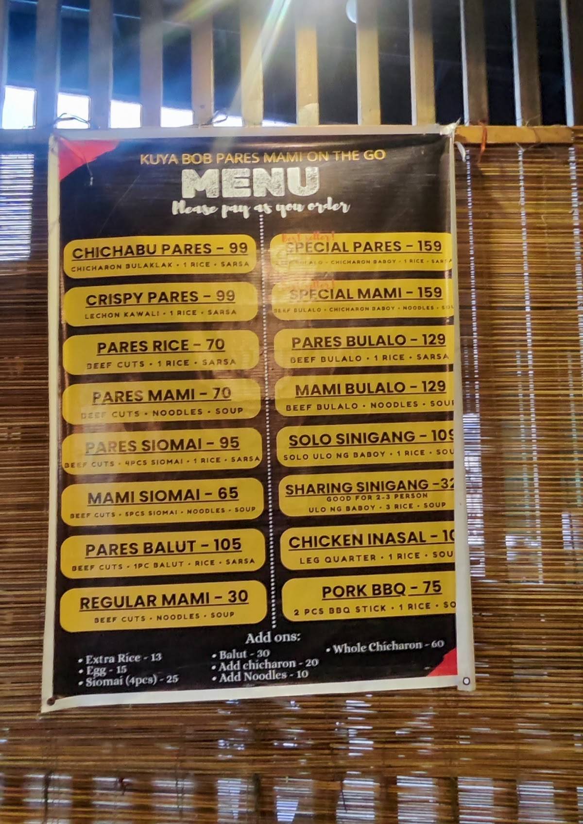 Menu at Kuya Bob Pares/Mami On the Go restaurant, Valenzuela