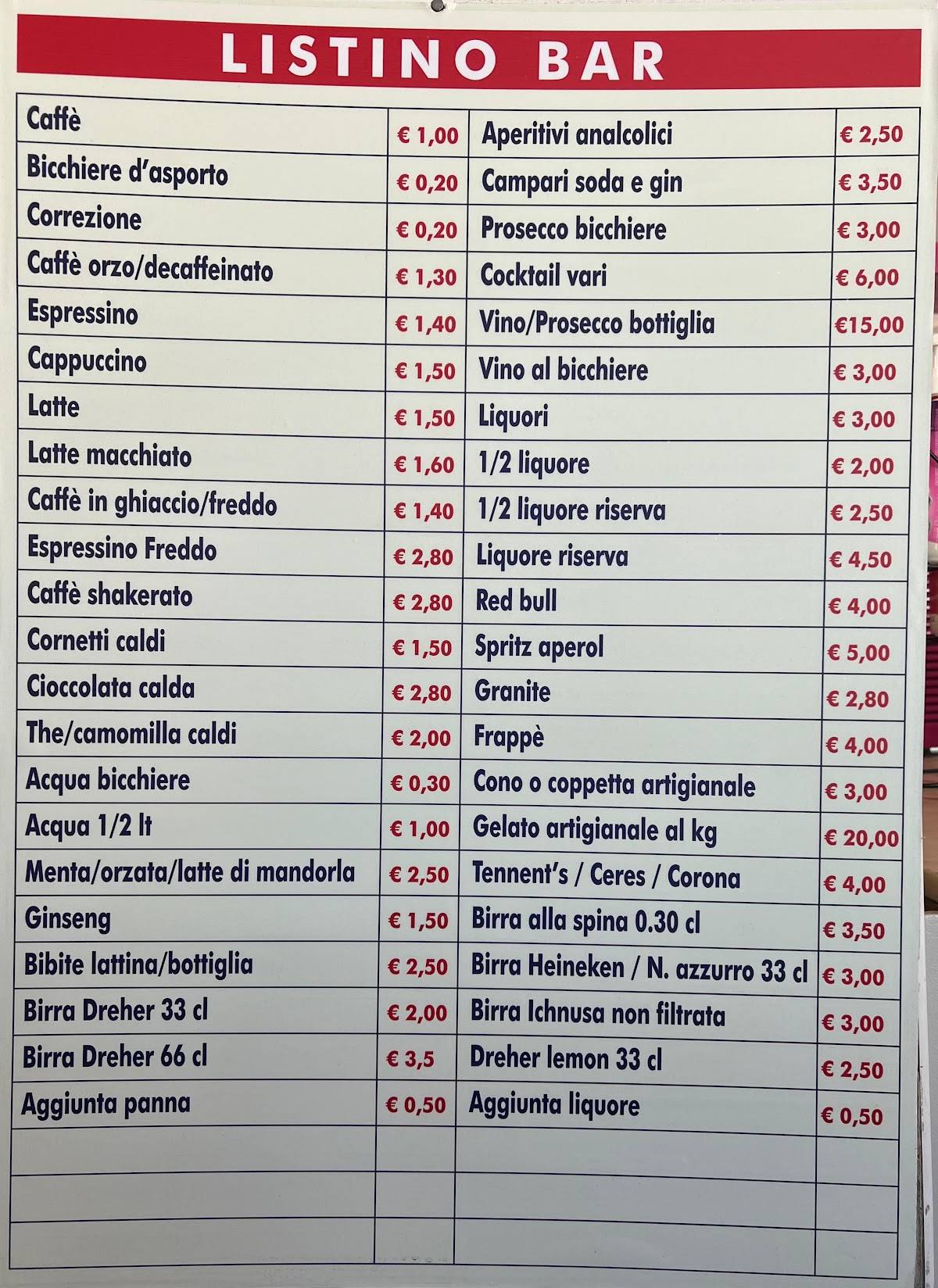 Menu di LA LUCCIOLA bar pizzeria gelateria 