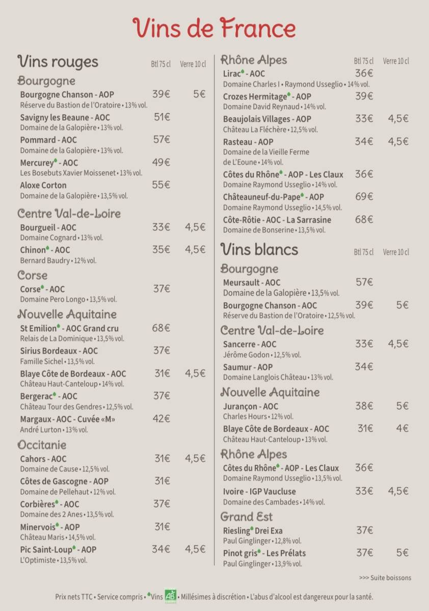 Menu de L'Épicurien
