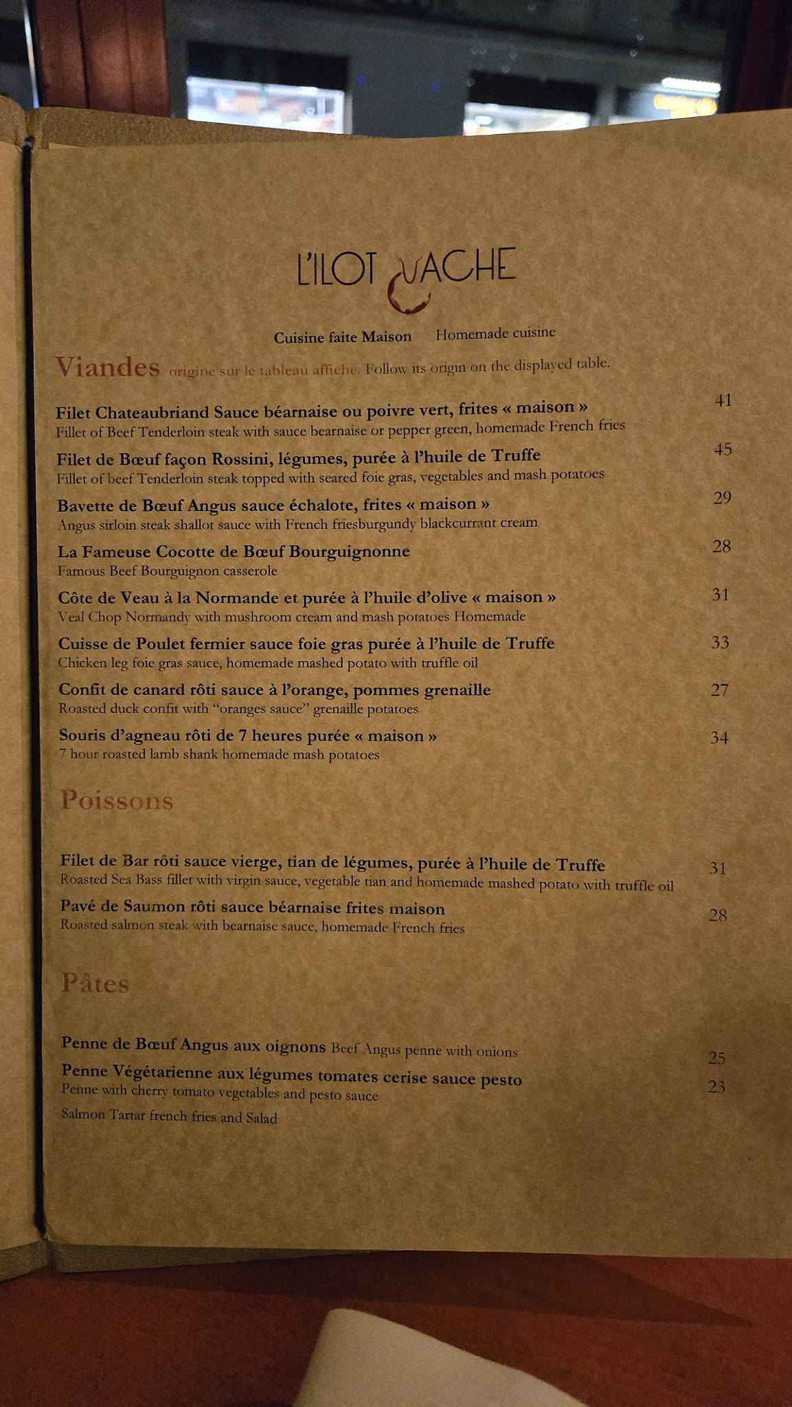 Menu de L'Îlot Vache