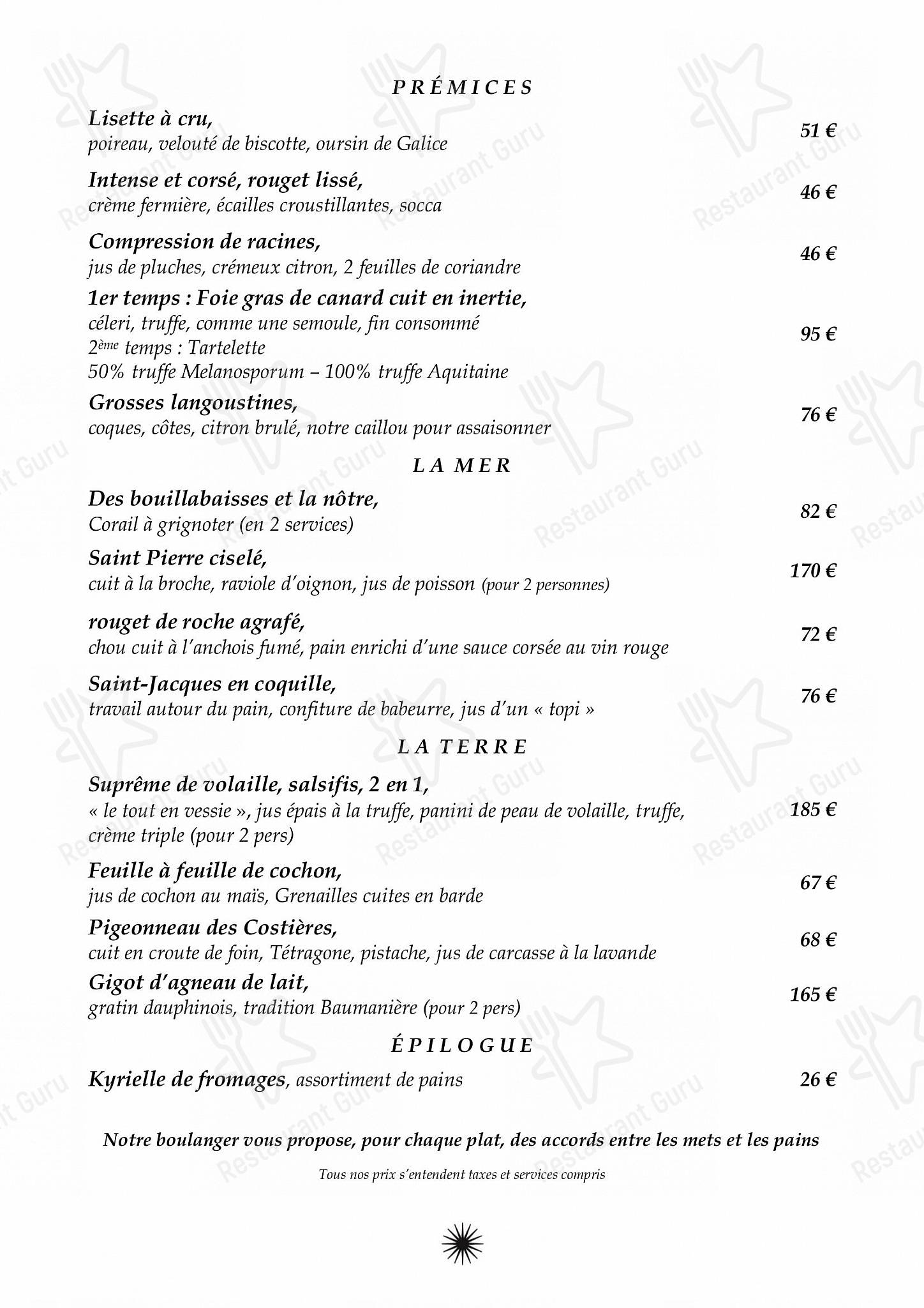 Menu au Oustau de Baumanière restaurant, Les BauxdeProvence, Chemin