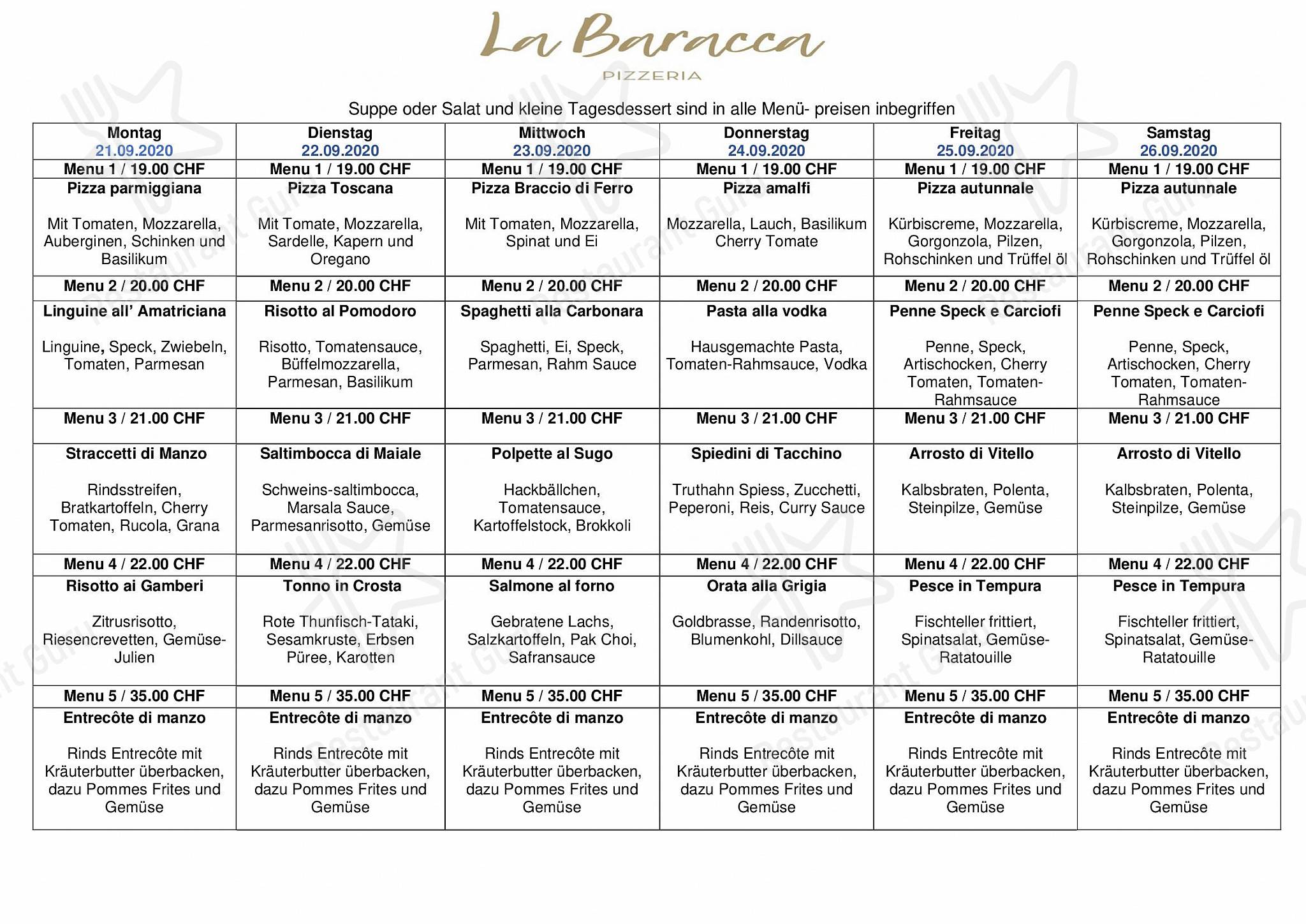 Основное меню per La Baracca ristorante