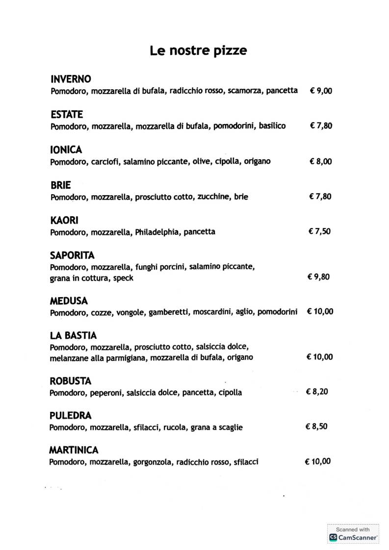 Menu di La Bastia 
