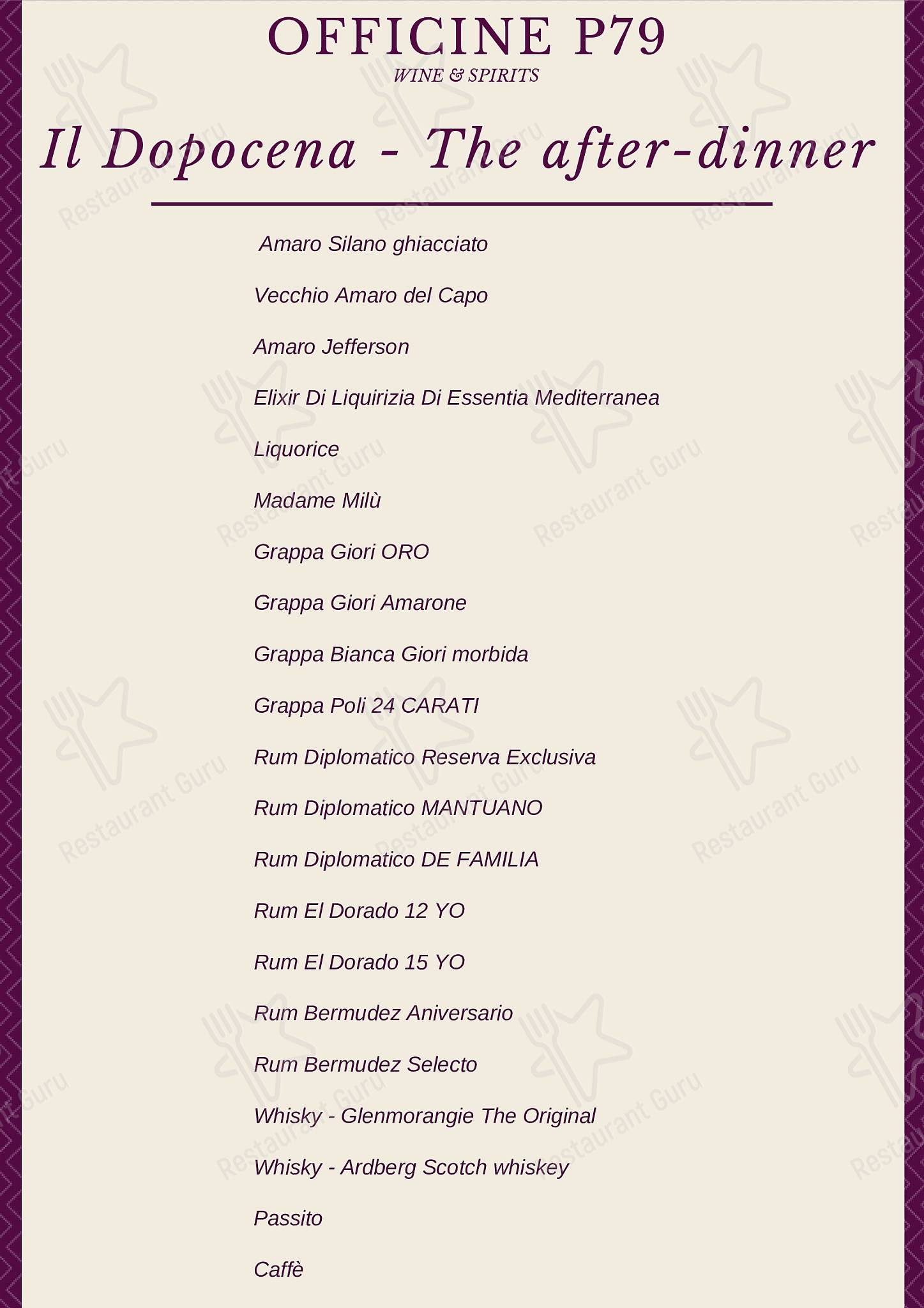 Menu di Officine P79 wine&amp;spirits 