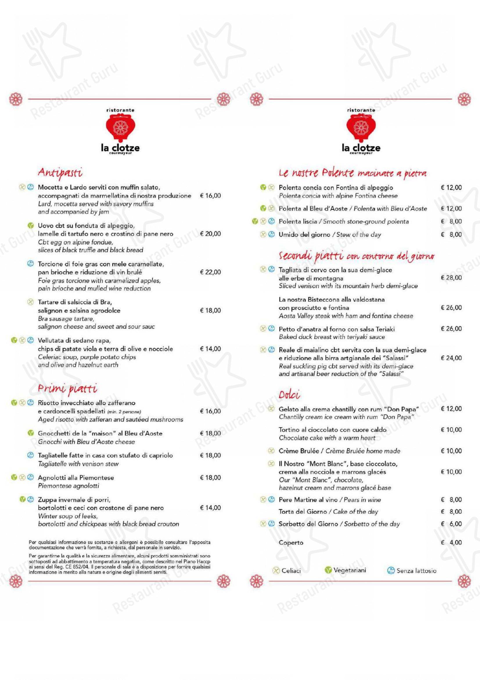 Menu di La Clotze - Menu