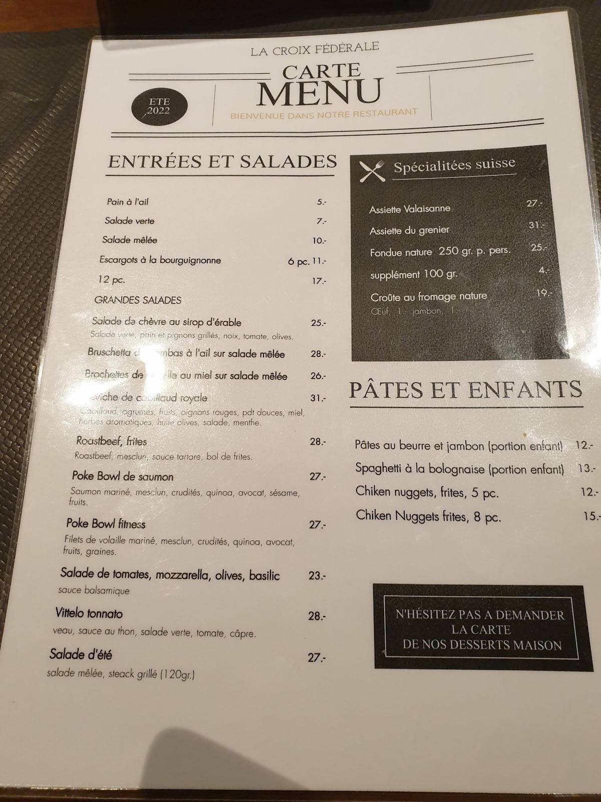 Menu di La Croix Fédérale 