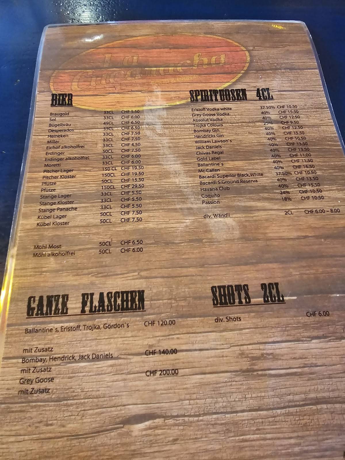 Menu di La Cucaracha 