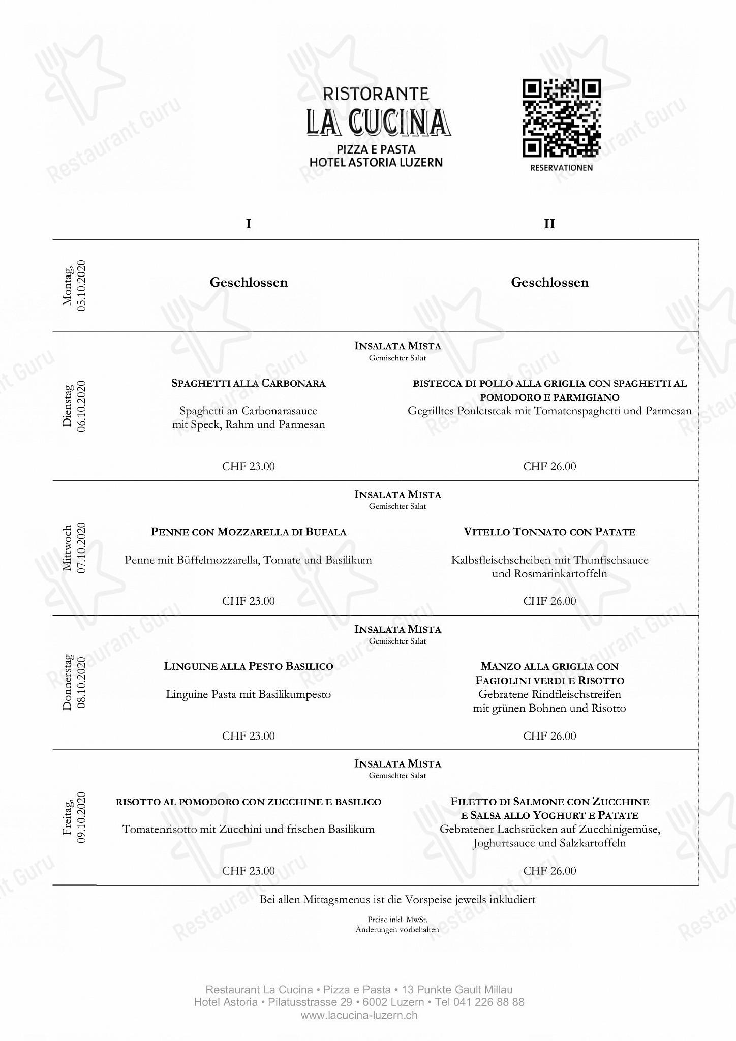 Menu da Ristorante La Cucina Pizza & Pasta, Lucerna