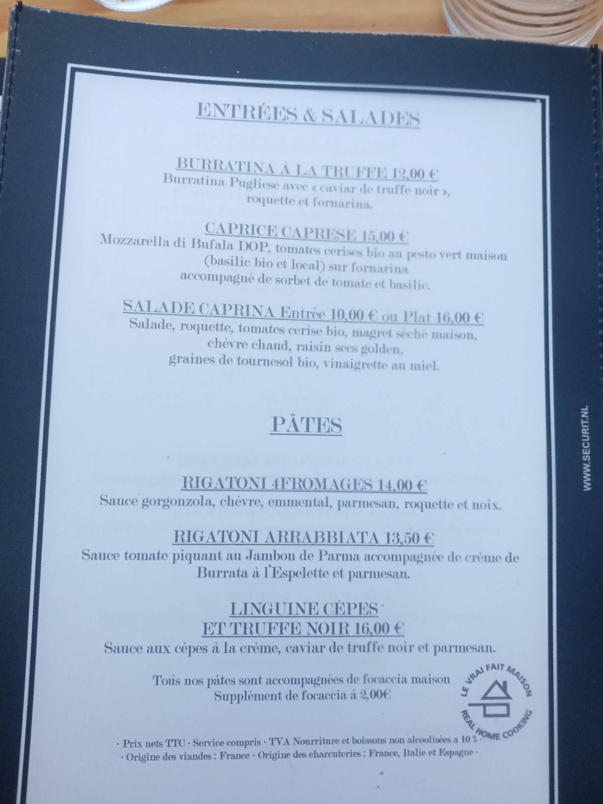 Menu de La Fabrique Pizza & Pasta