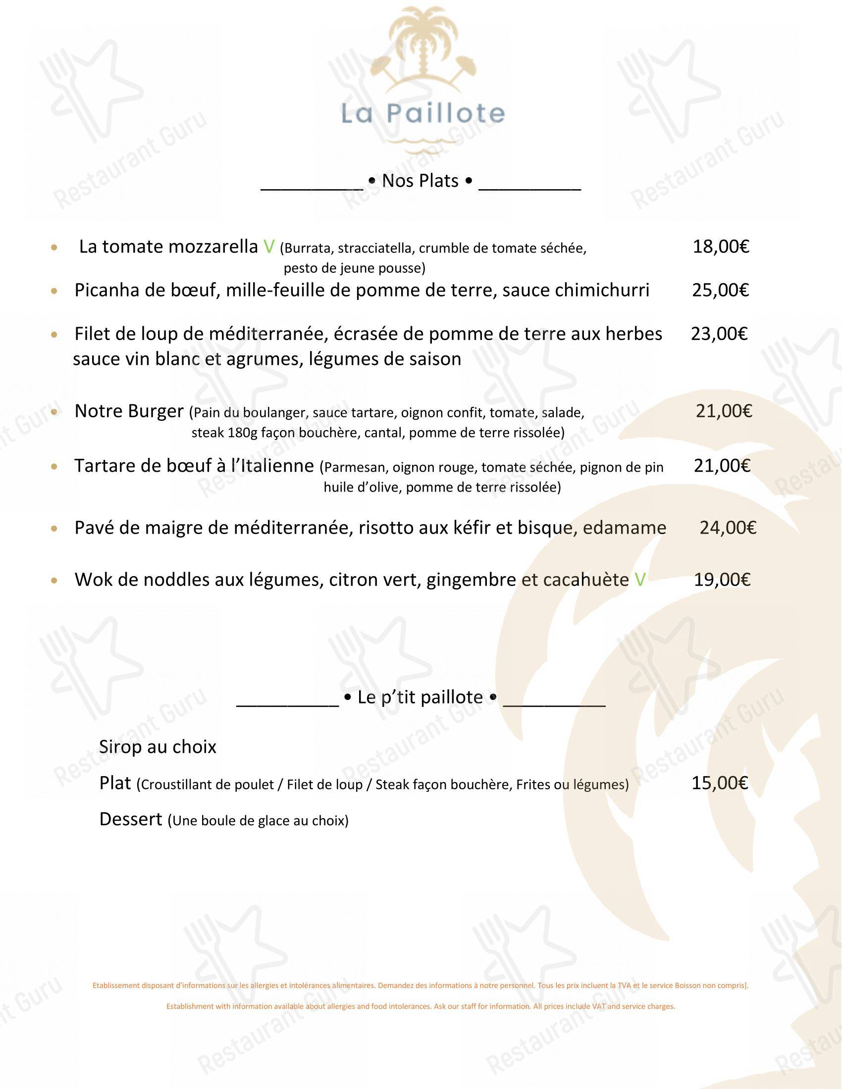 Menu pour La Paillote restaurant