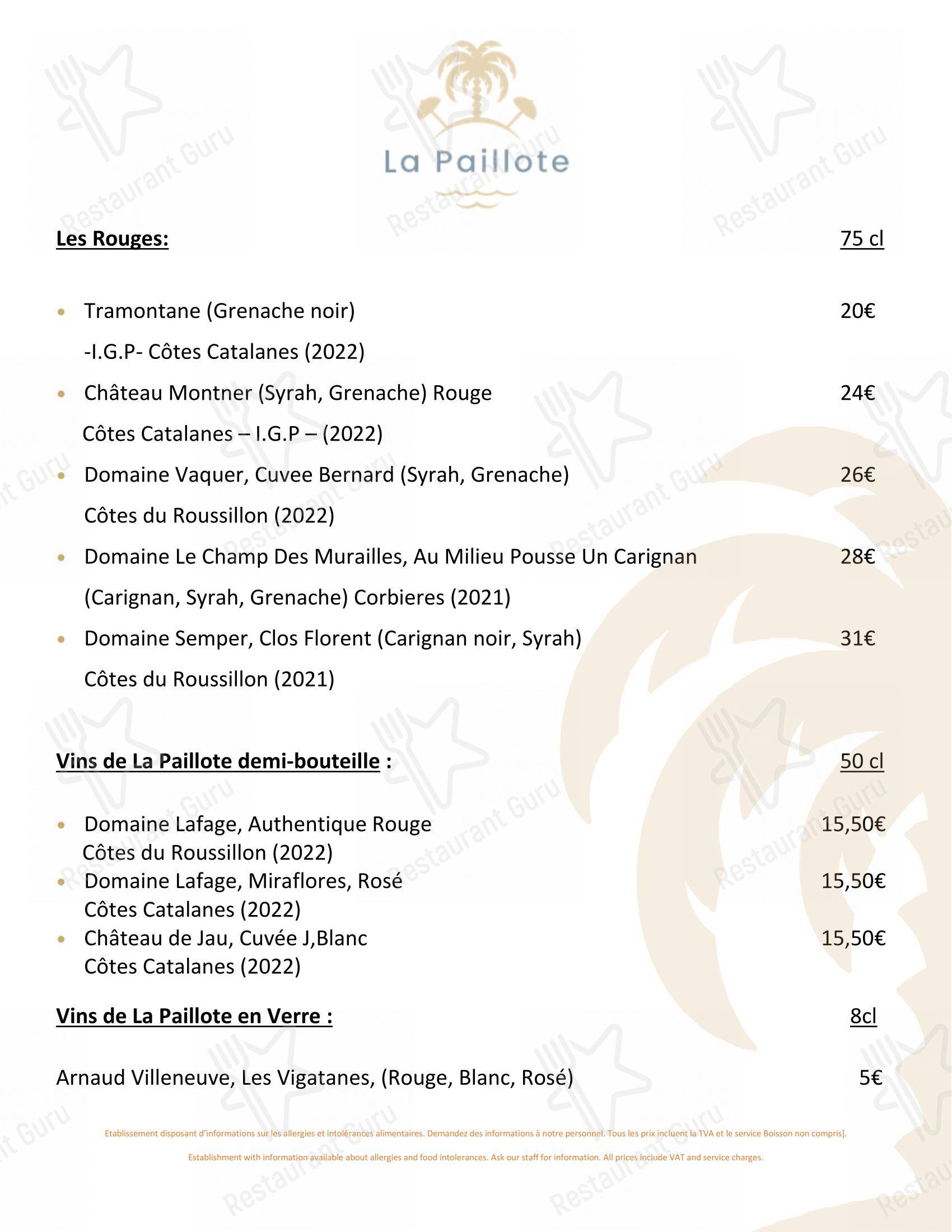 Menu pour La Paillote dans Canet-en-Roussillon
