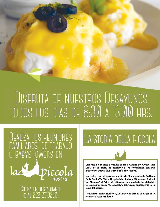 Carta del restaurante La Piccola Italia, Heroica Puebla del Zaragoza