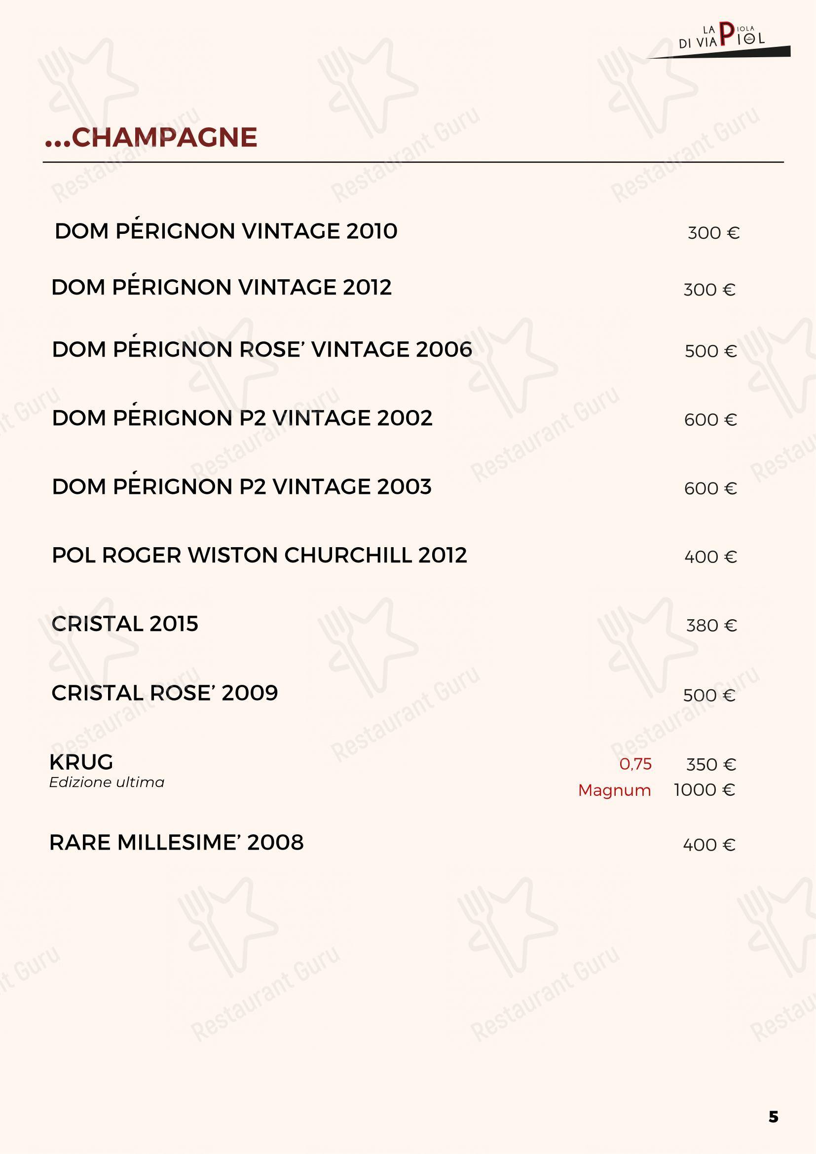 Menu bar per La Piola Di Via Piol ristorante