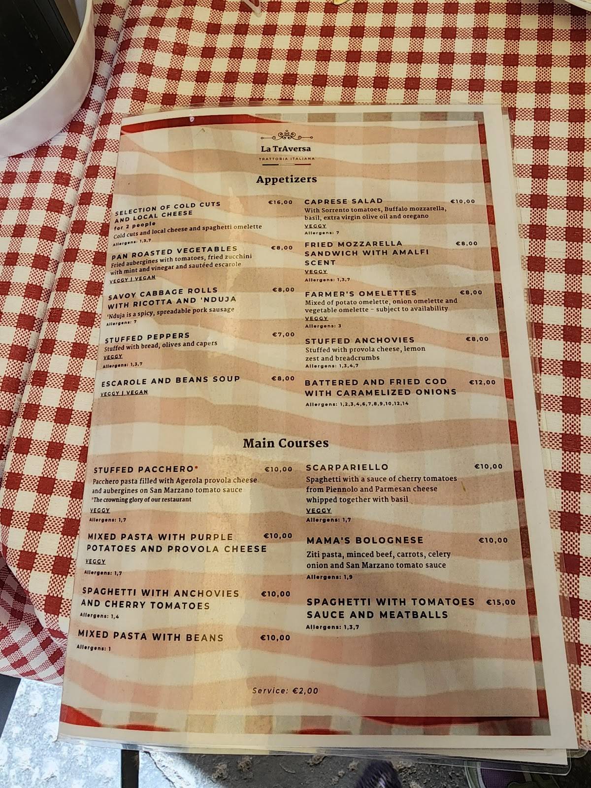 Menu di La Traversa - Trattoria Italiana 