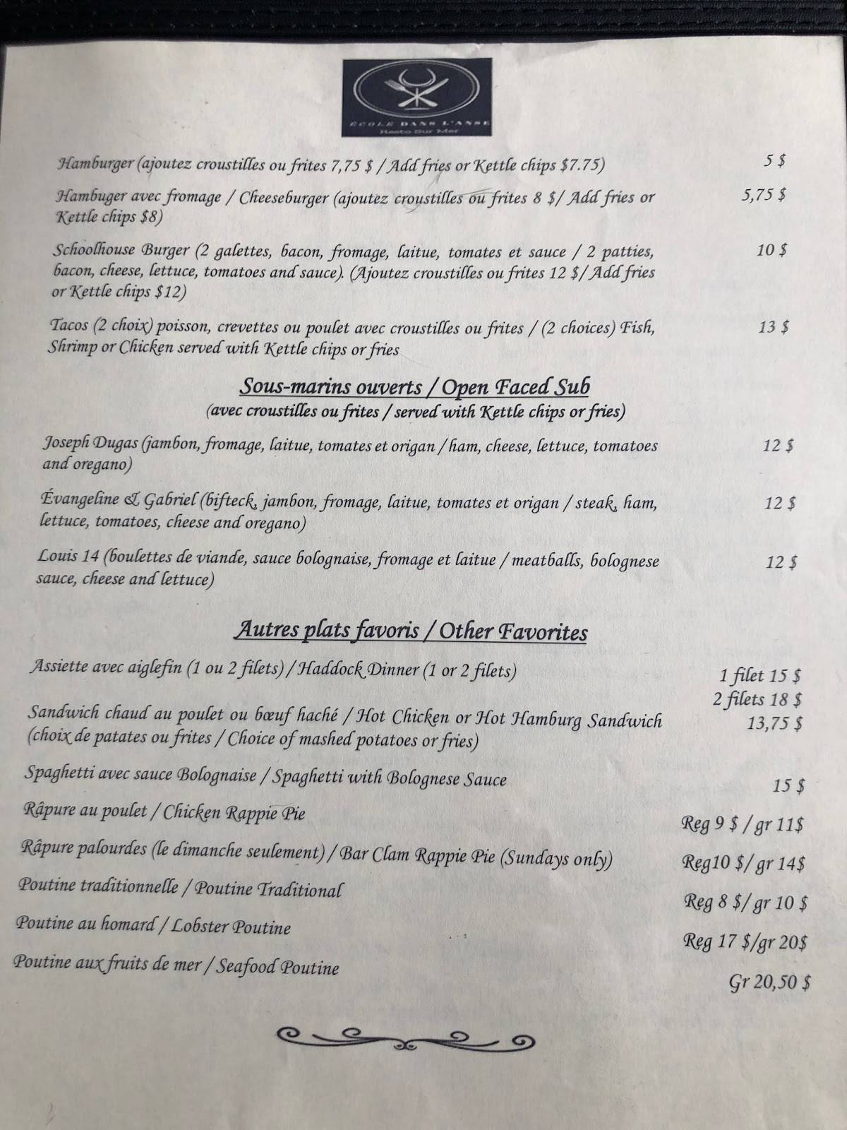 Menu at La Vieille École Resto sur Mer restaurant, Belliveaus Cove