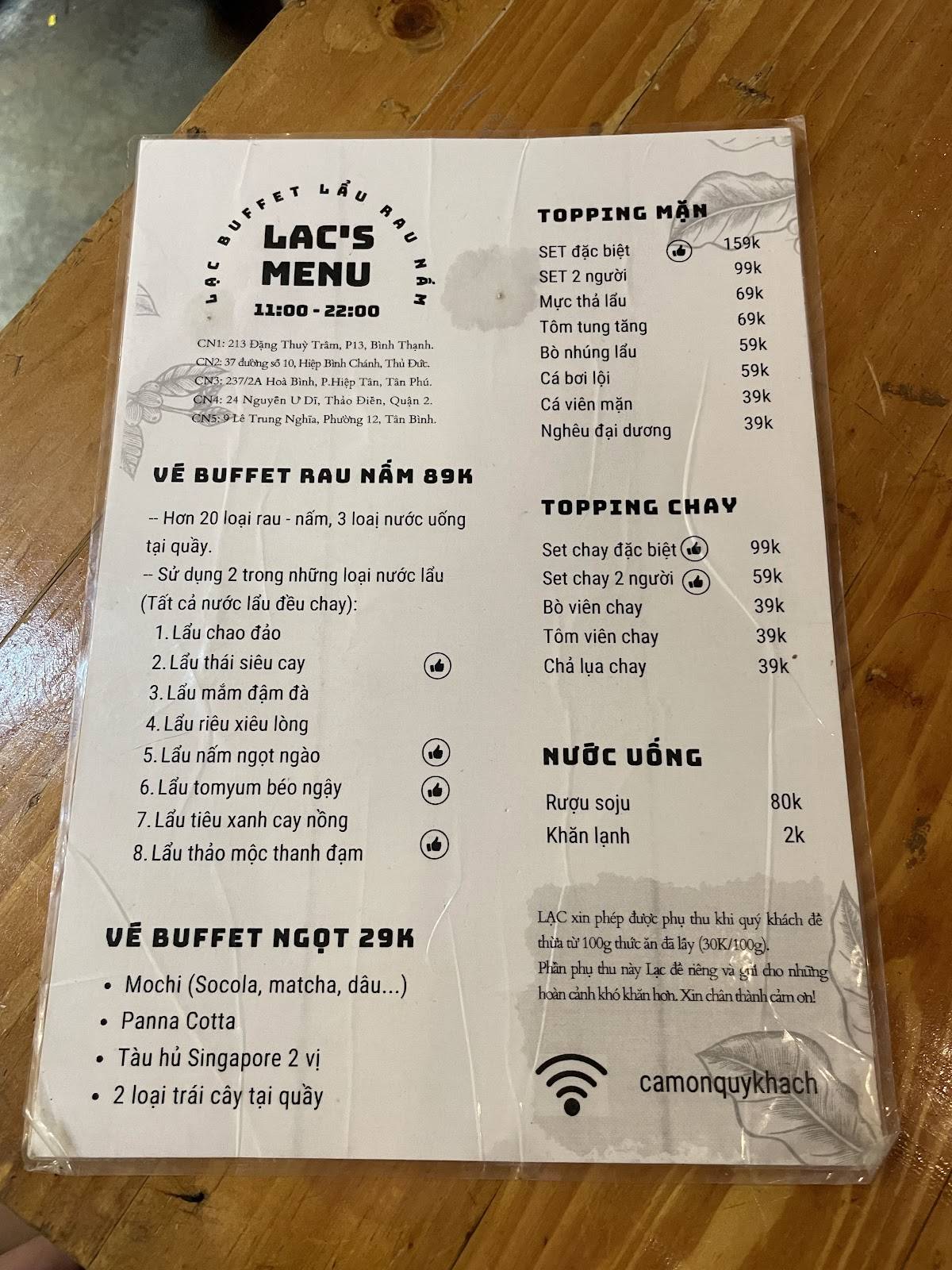 Menu at Lạc - Buffet Lẩu Rau Nấm restaurant, Ho Chi Minh City