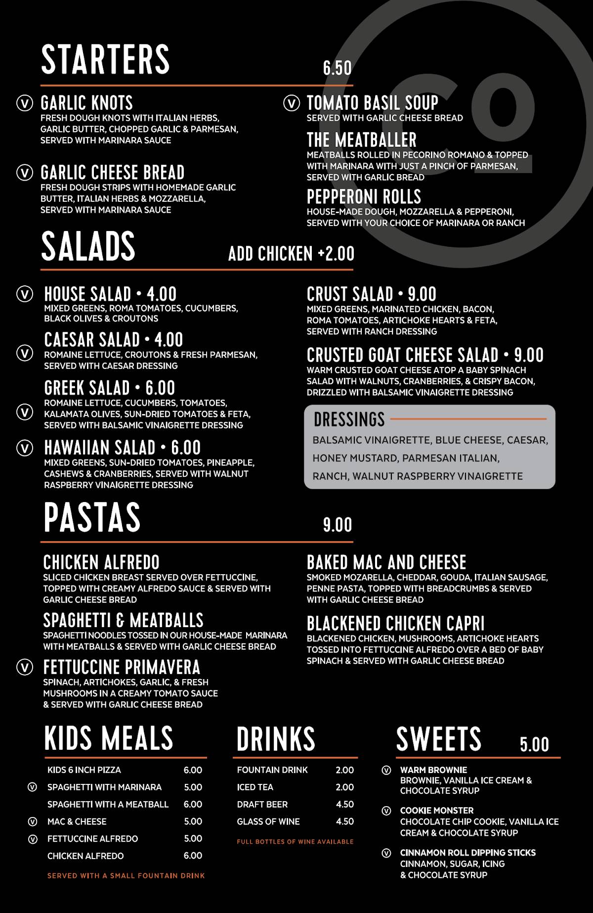 Menu at Crust Pizza Co. Lake Charles pub & bar, Lake Charles