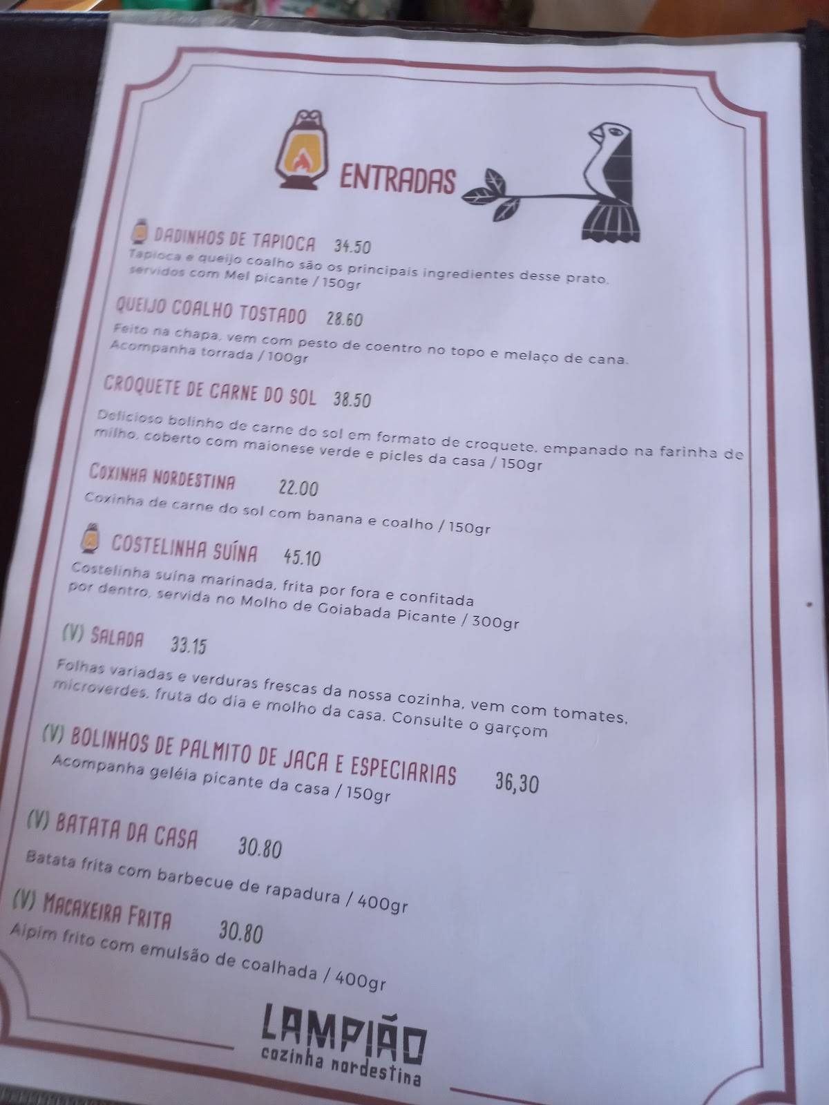 Lampião Culinária Nordestina cardápio