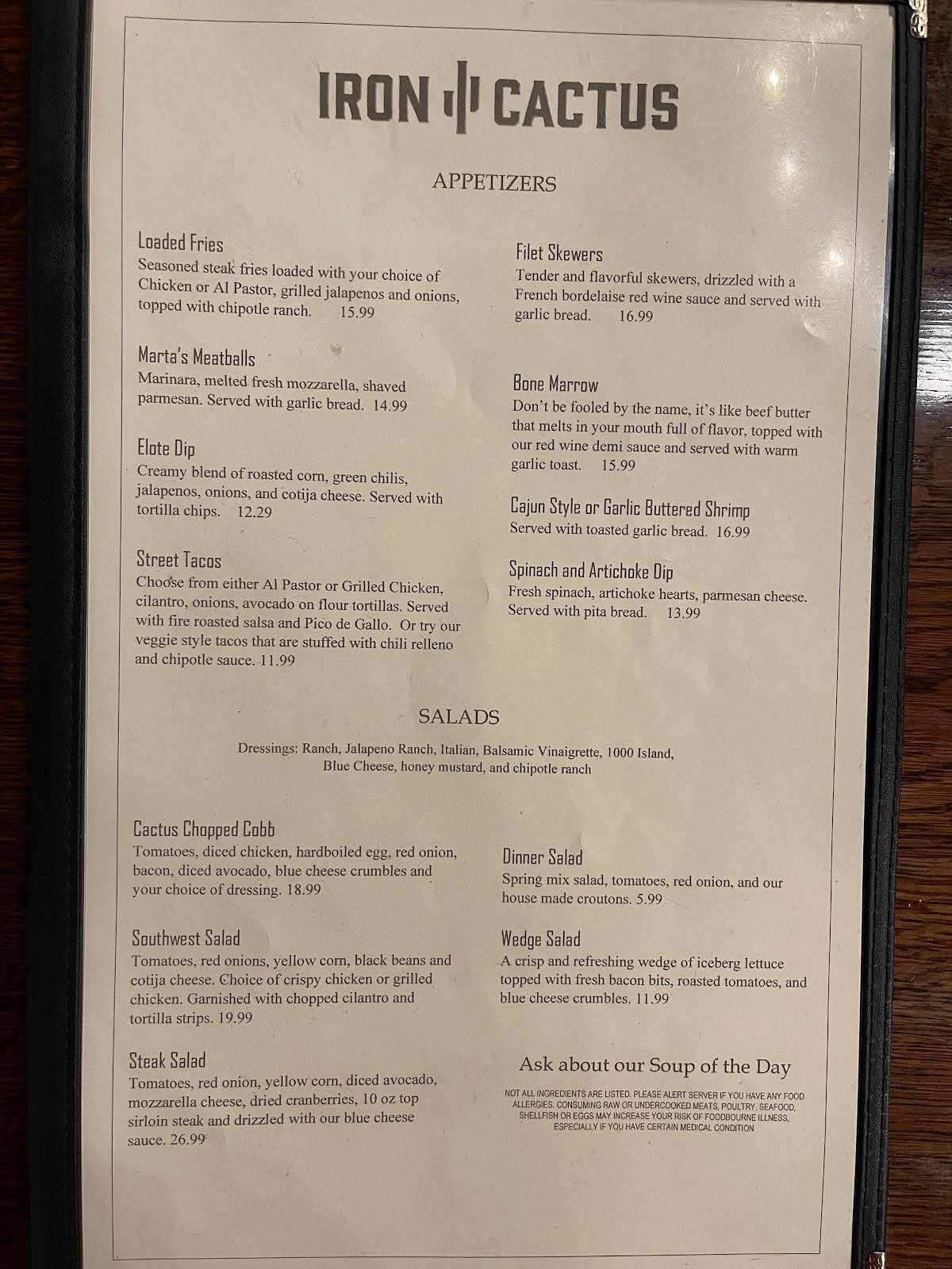 Menu at Iron Cactus Restaurant, Lancaster