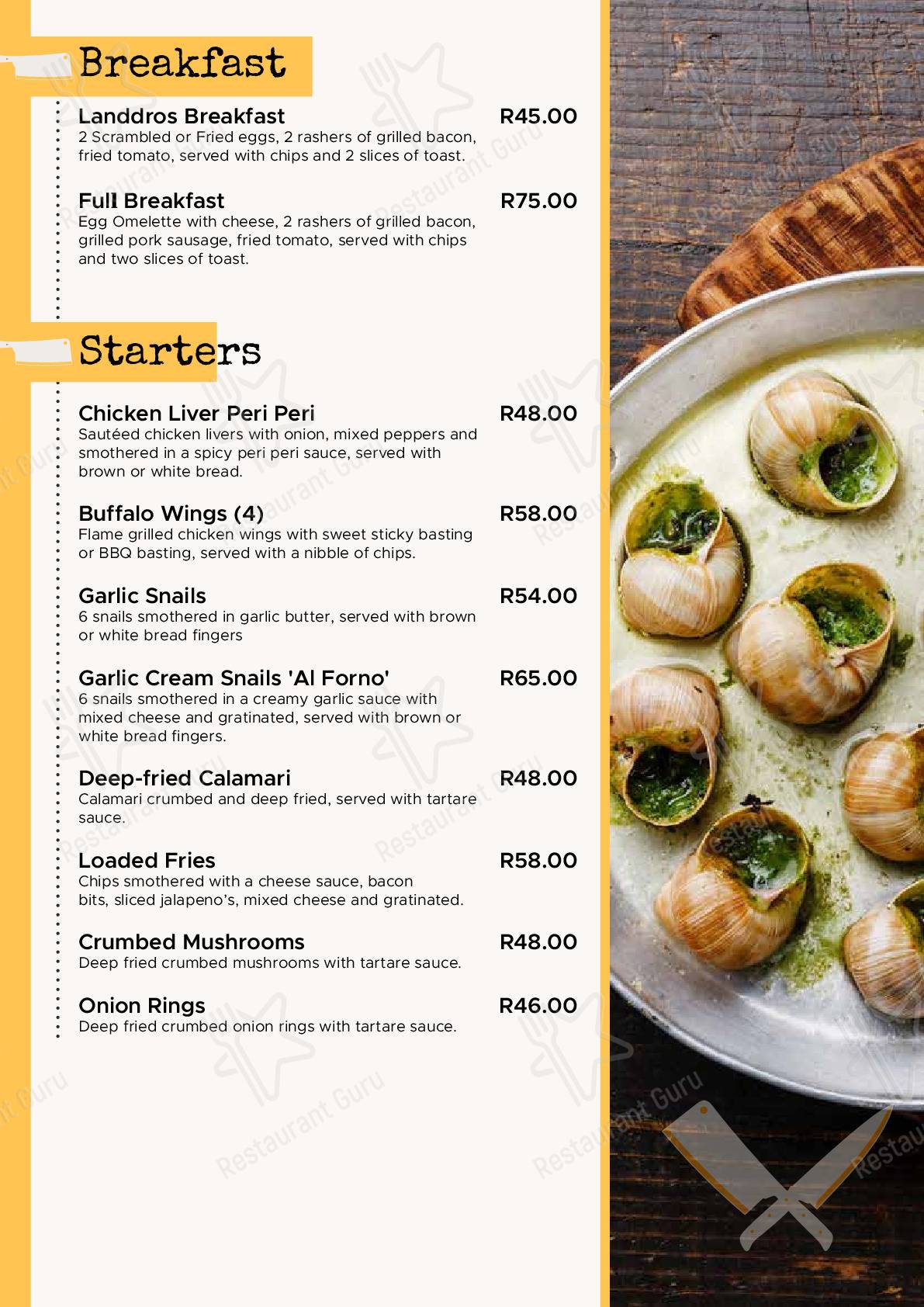Menu pour Landdros Pub restaurant