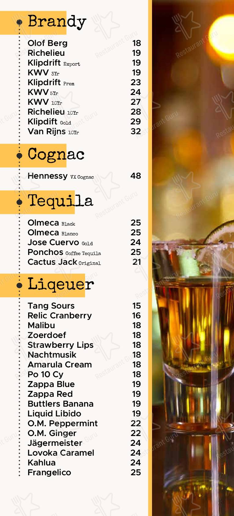 Menu pour Landdros Pub