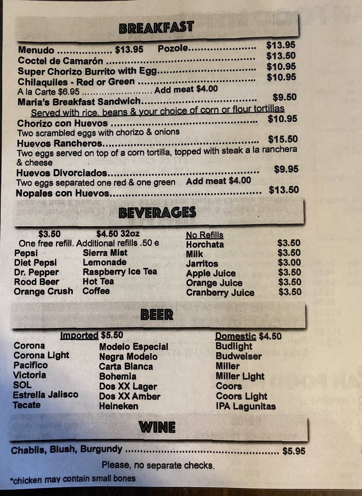 Menu at Las 3 Marias restaurant, Antioch