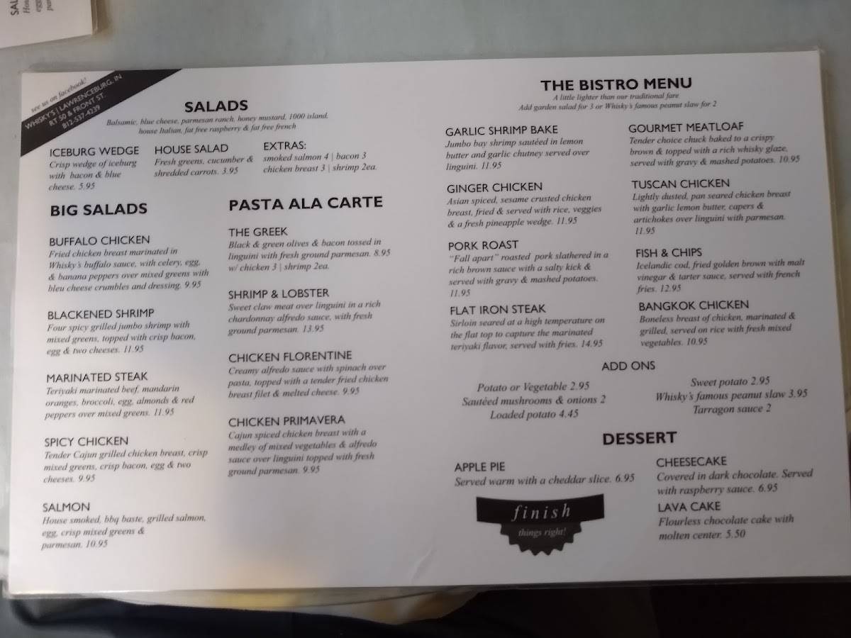 Menu at Whisky's restaurant, Lawrenceburg