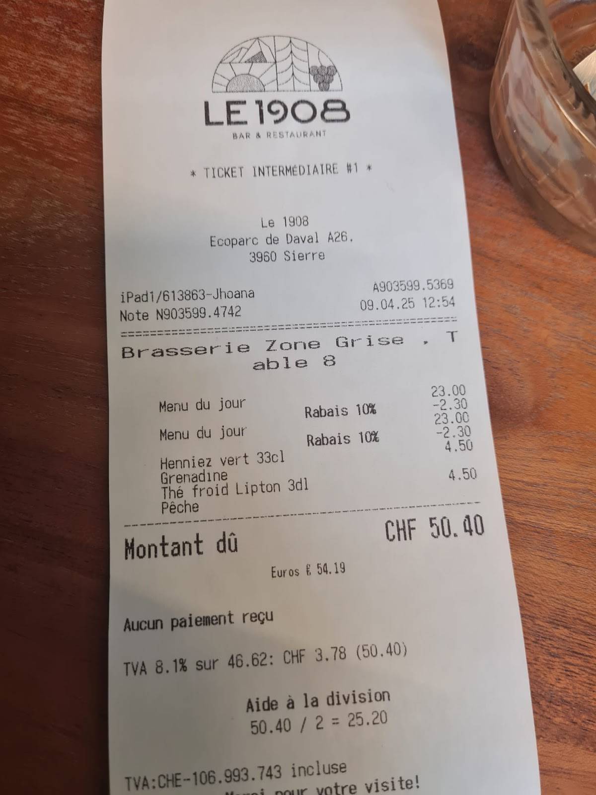 Menu de Le 1908
