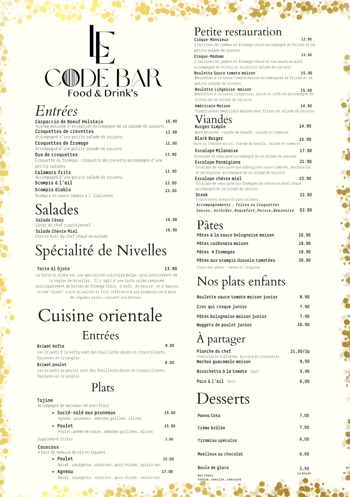 Menu de Le Code Bar Bar & Restauration