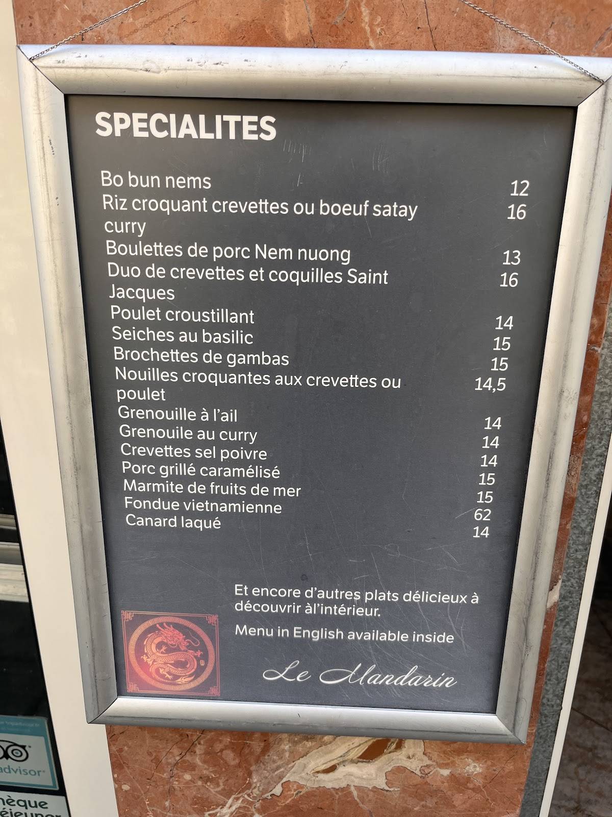 Menu de Le Mandarin